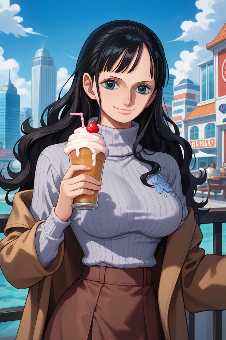 Nico Robin, One Piece, spring, sunny day, grey sweater, long hair, wavy hair, breasts, brown coat, brown skirt, closed mouth, coat, large breasts, city background, long sleeves, looking at viewer, long hair, off shoulder, blue eyes, black hair, ribbed sweater, skirt, smile, solo, sweater, swept bangs, turtleneck, turtleneck sweater, upper body, holding a milkshake in her hand