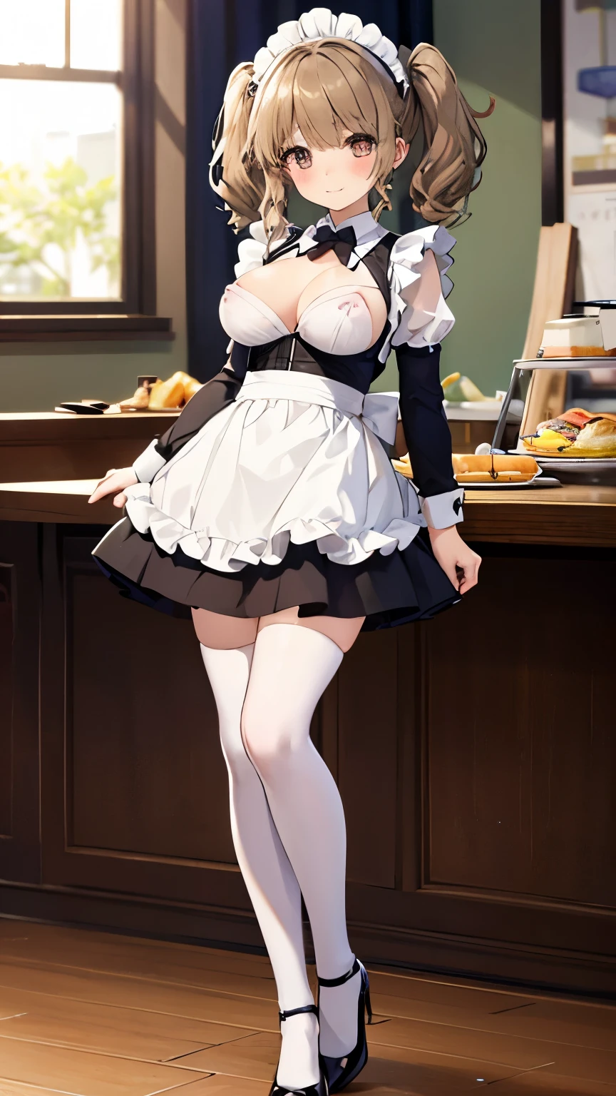 Solo Girl , ,, twin tail hair , light brown hair , Brown Eyes , Rise of the Center , top quality, high definition , very detailed, detailed background, perfect lighting 、Inside the maid cafe、 standing,I have omelet, place on table , Cute maid outfit、 very cute ,Big Breasts, cute eyes from the right,Swollen eyes,smile, Expose Your Chest、Bare your chest、Nipples、cat,cat juice、 Brush、 embarrassing、feet、Black knee-highs、 black high heels 、 Absolute Territory 、Nipplesから breast milk が出る、 breast milk 、Nipplesから乳が垂れている、