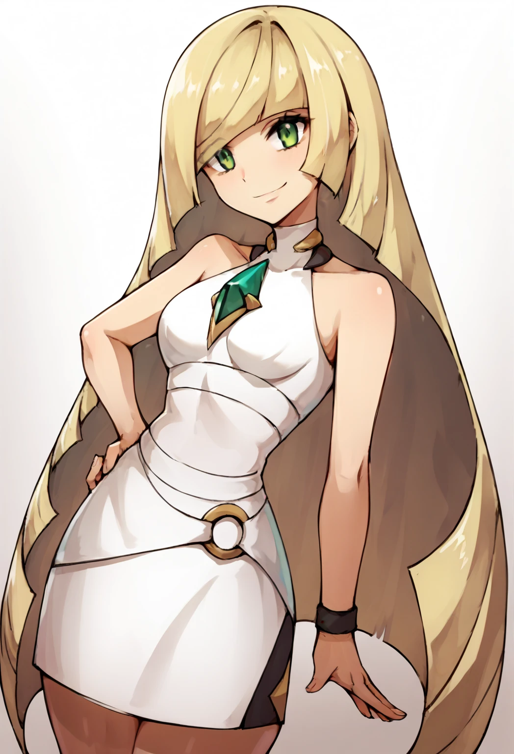 good detailed, best quality, wide-angle masterpiece, BREAK, lsmndef, green eyes, blonde hair, very long hair, bangs, hair over one eye

 BREAK white dress
black straps
dress ring

 BREAK 1 girl, smiling, hand on hip