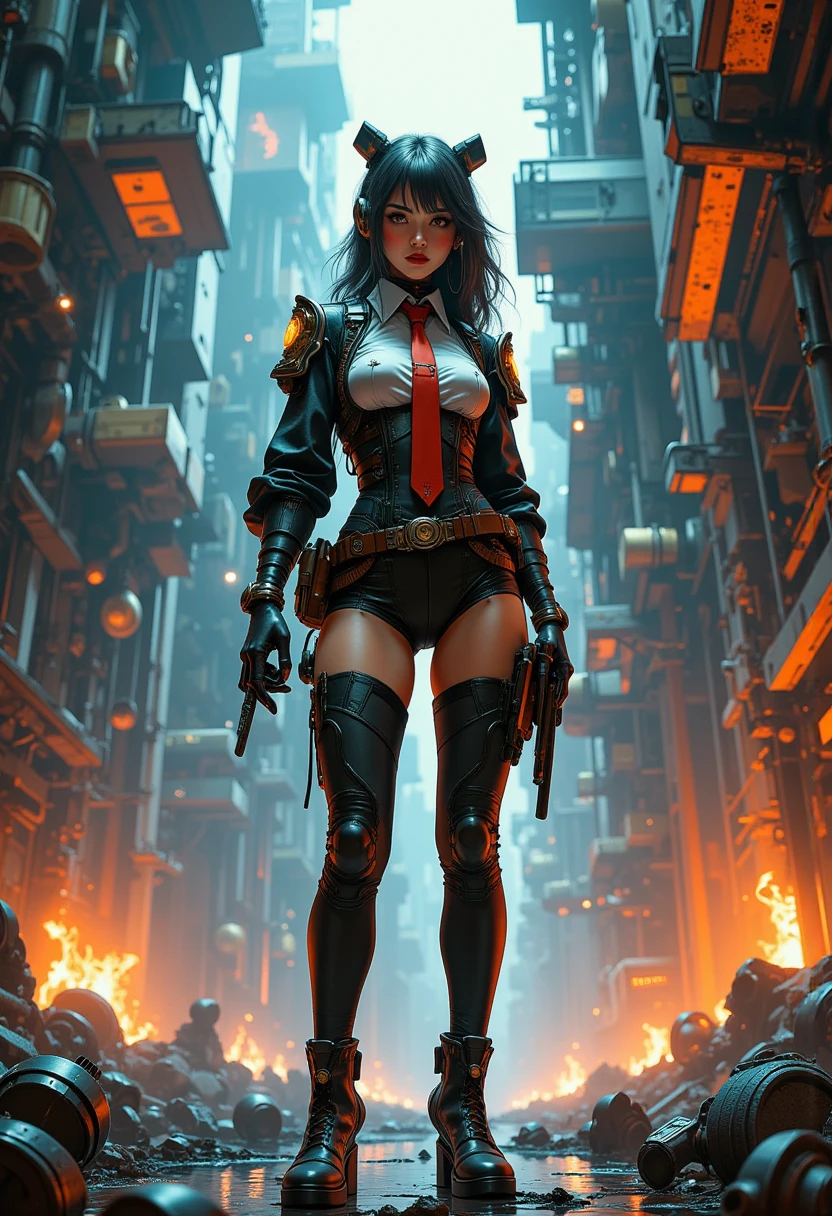 Create a dynamic manga splash art of a confident steampunk woman standing amidst chaos in a futuristic urban environment. She wears a detailed futuristic police uniform with black metallic accents, a red tie, and high-heeled boots paired with leather stockings. Her outfit features various ornate badges and insignias, emphasizing her authority. The scene juxtaposes futuristic steampunk architecture with modern destruction and flames roaring in the background, hinting at a recent catastrophe or conflict. Her posture exudes confidence and resilience, standing as a symbol of order amidst the chaos, with dramatic lighting and bold lines enhancing the intense atmosphere.