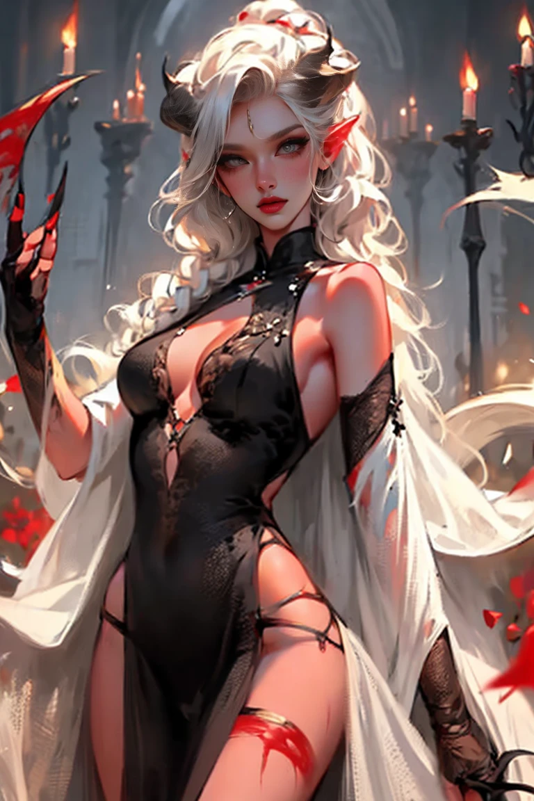  ((best quality)), ((masterpiece)), (detailed), 1girl, NSFW, small breasts, prominent collarbones, skinny arms, flat stomach, visible hip bones, long hair, ponytail, thick ponytail, heavy ponytail, red and white clothing, Bloodborne inspired, occult aesthetic, occult, detailed and intricate steampunk and detailed gothic 