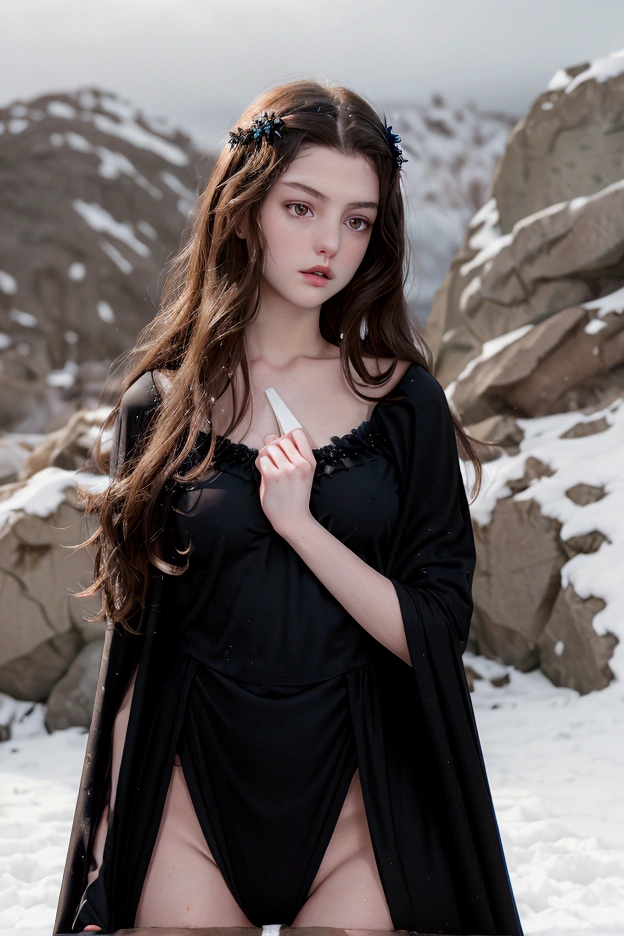 1 teen girl, teenager(1.3), age 13, pale skin, black hair , evil, angelical face, teen girl body, very small breasts, monokini with cape, dress with christian cross in monokini style, background in snow
