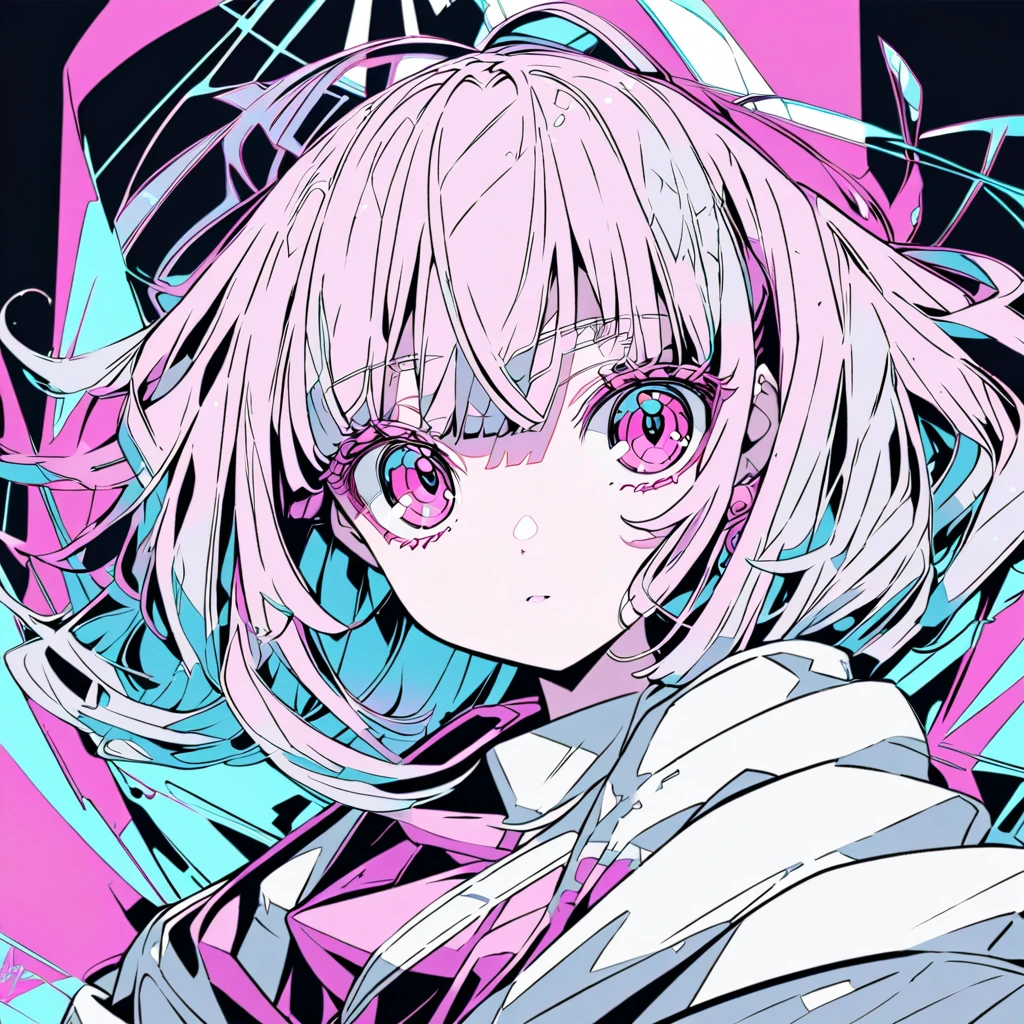 1 synth wave style girl, extremely detailed CG ,(masterpiece), (flat color:1.5), (best quality), (limited palette) , pink fluorescent paint, , noline art, silhouette, partially colored, (alternate color):1.4, dynamic angle, (pink, dark violet):1.3, dark violet shadow, (synth wave), (chromatic aberration) , (((thick) outline)), pink outline, (solo focus), pink neon lights, perfect shadow, cowboy shot, blank stare, beret, bowknot on beret, flat chest, wearing an off- shoulder floating jacket, short wavy delicate hair, blank stare, delicate face, bare shoulder, sitting on the top of the building,  beautiful and delicate eyes, (1 girl):1.5, solo, from above, delicate background, streets with neon lights