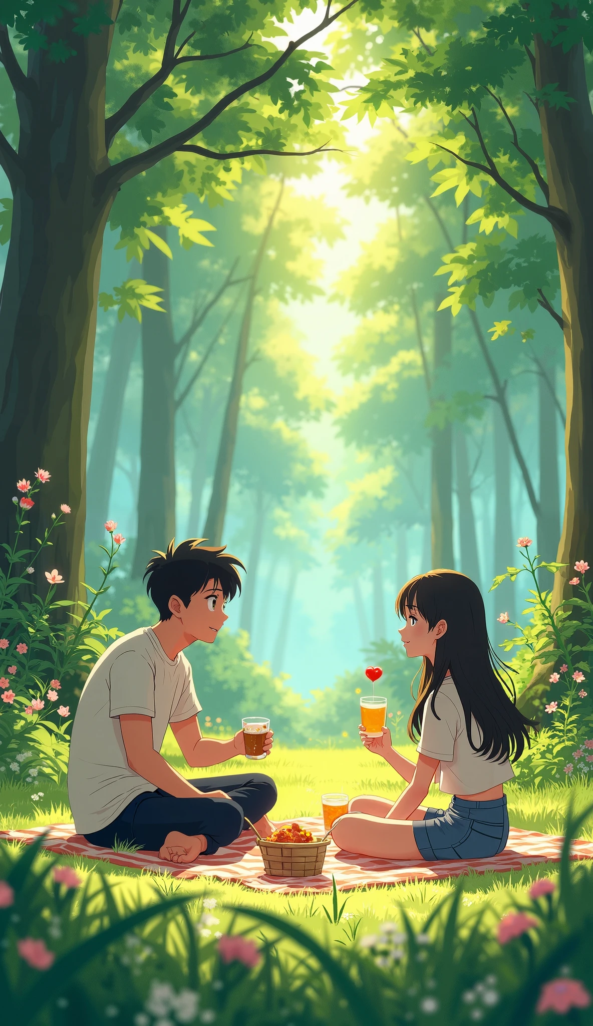 There is a man and woman sitting on a blanket in the woods - SeaArt AI