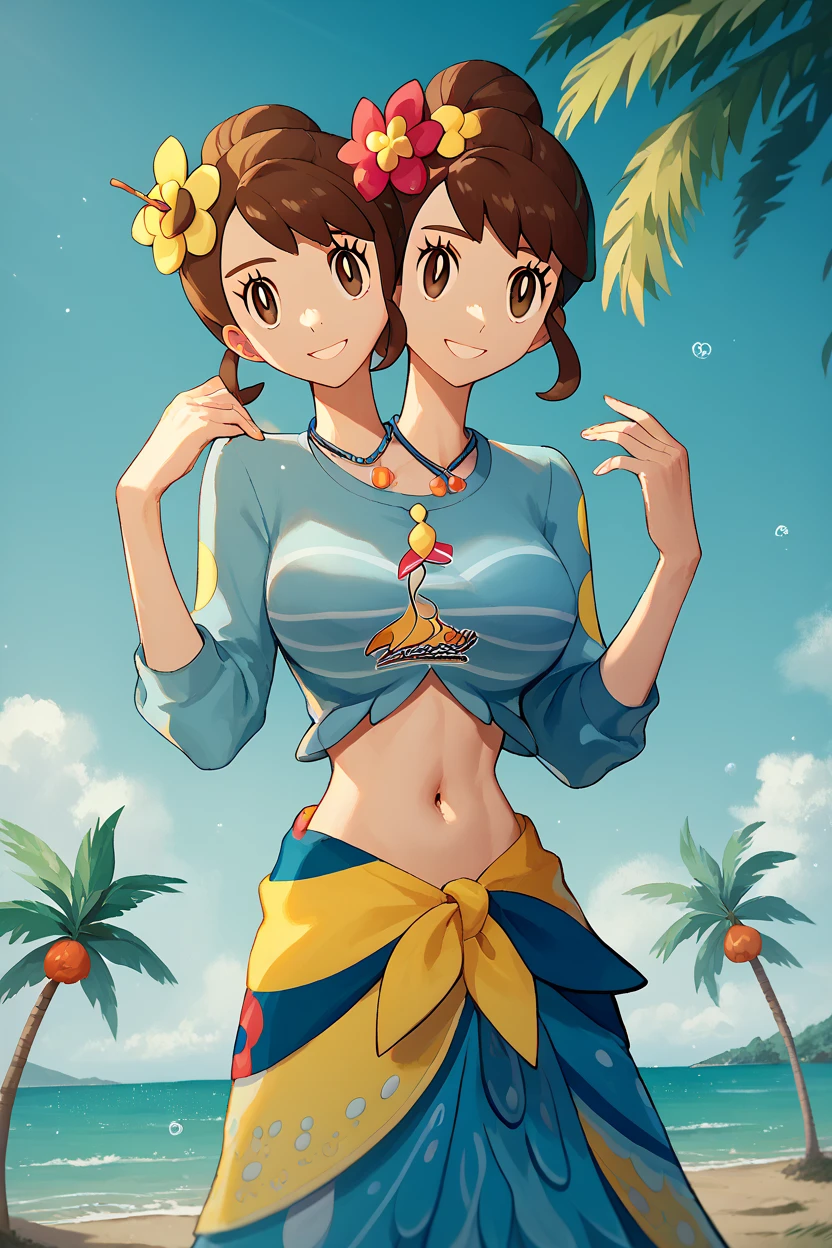 high resolution, highly detailed, perfect lighting, beautiful detailed eyes, ((masterpiece,best quality)), absurdres,      smile,  solo,  gloria (pokemon),  gloriaSummer, blue sarong, blue shirt, hair flower,  jewelry, navel, necklace, official alternate costume,    curvy,   Delfino_Plaza,  small fruit stand,  pineapples,  coconuts,  palm tree, two heads, conjoined, big breasts