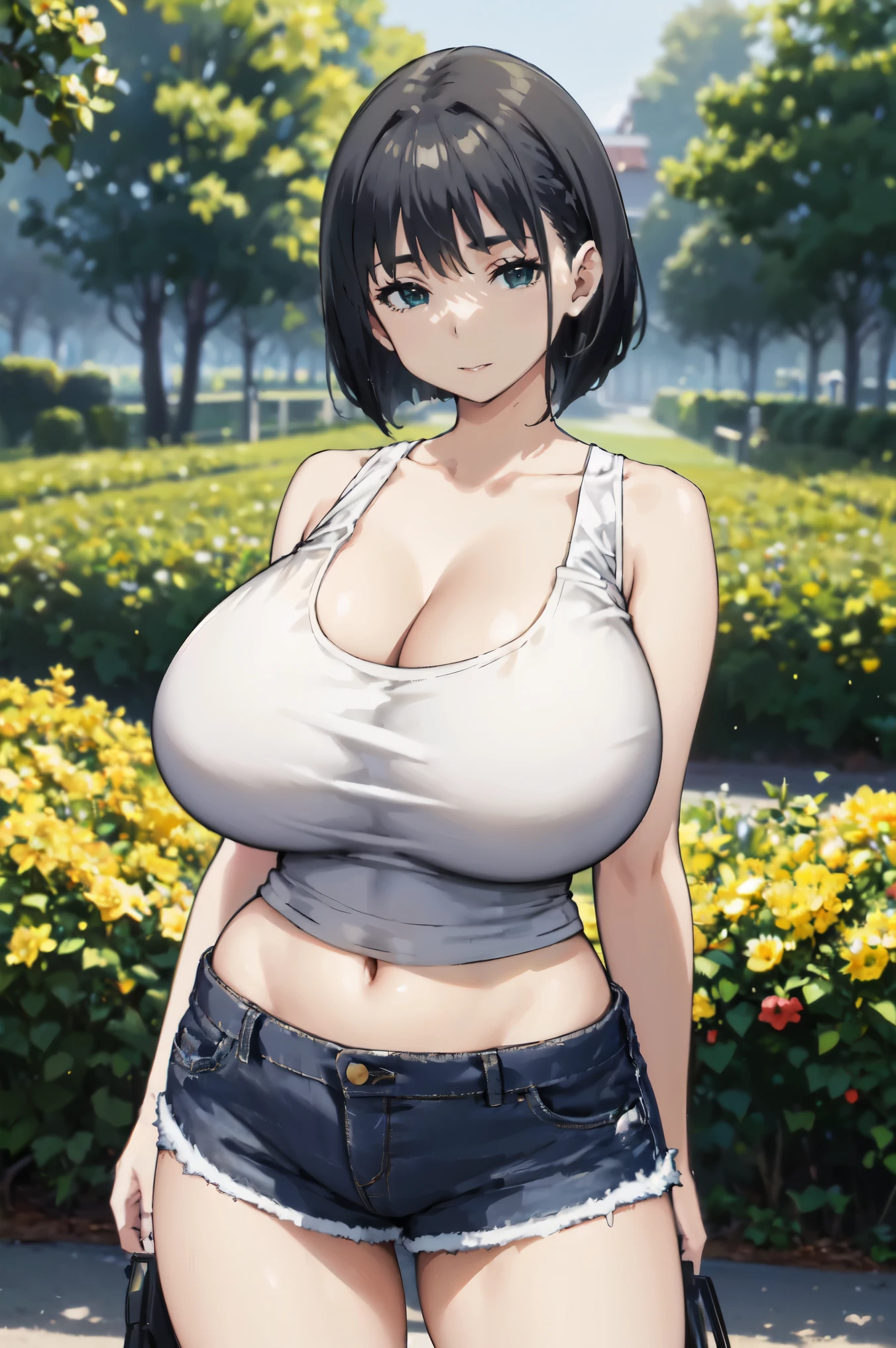 black  hair, (((huge tits  )))  , ((white tank top, short pants jeans, )), thick, ((busty)), green eyes, navel, upperbody, smile, legs, thigh, flower garden, short hair