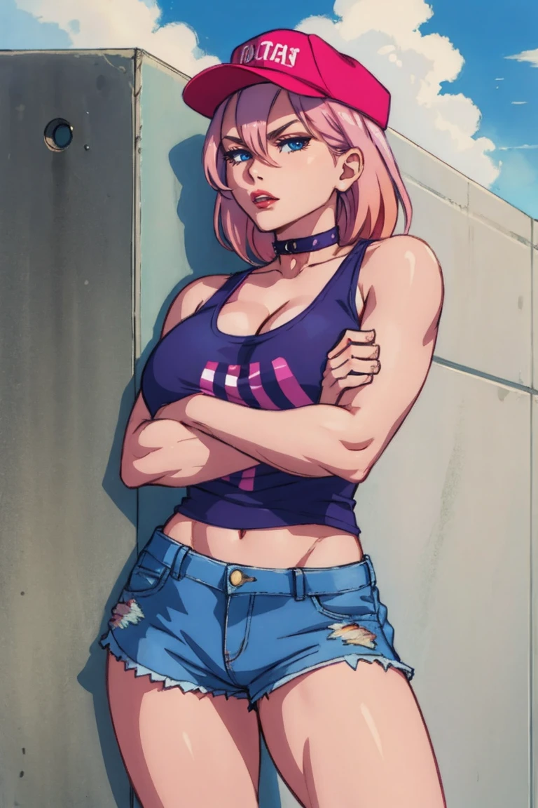 score_9, score_8_up, score_7_up, source_anime BREAK 1girl, solo, cowboy shot, looking at viewer, close-up, facing viewer,
poisonff, pink hair, blue eyes, spiked hair, peaked cap, choker, collar, tank top, short shorts, denim shorts, torn clothes, androgynous,
huge breasts, bored, lips, puckered lips, annoyed, crossed arms, from below,
outdoors, street, blue sky, cloud, against wall, leaning back,