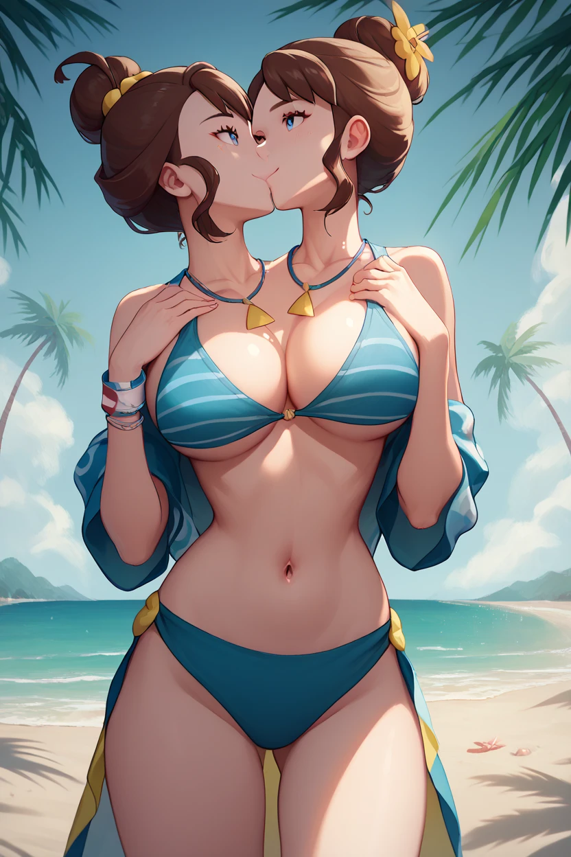 high resolution, highly detailed, perfect lighting, beautiful detailed eyes, ((masterpiece,best quality)), absurdres,      smile,  solo,  gloria (pokemon),  gloriaSummer, blue bikini,  jewelry, navel, necklace, official alternate costume,    curvy,  beach,  palm tree, two heads, conjoined, big breasts, kissing, tribreast