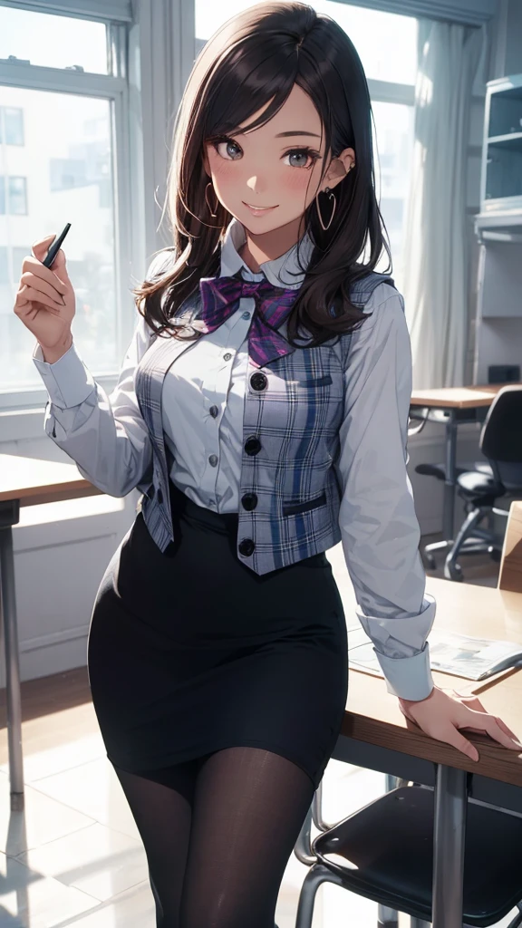 super fine illustration, vibrant colors, masterpiece, sharp focus, best quality, depth of field, cinematic lighting, ultra detailed, office lady, business suit, blazer, collared shirt, croped shirt, 1 woman, solo, long sleeves, tummy, navel, stomach, midriff, waist, office, blush, pencil skirt, long hair, medium breasts, glasses, ponytail, dark hair color, sitting on table,