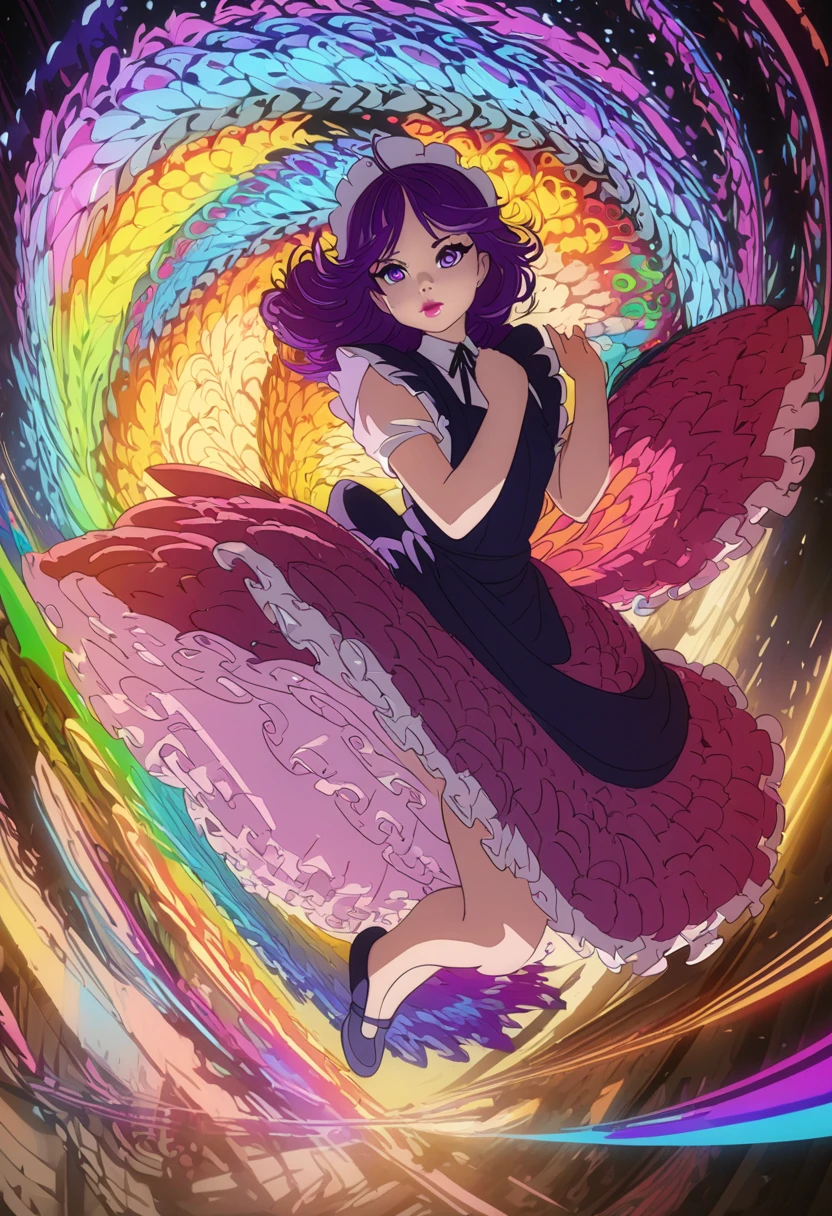 A girl with purple hair,maid dress,jumping,extremely detailed eyes and face,long eyelashes,beautiful detailed lips,beautiful detailed eyes,elegant pose,dynamic movement,colorful,vibrant colors,soft lighting,digital painting,fantasy,anime style,highly detailed,4k,8k,photorealistic,masterpiece,cinematic lighting,dramatic shadows ((Full body))