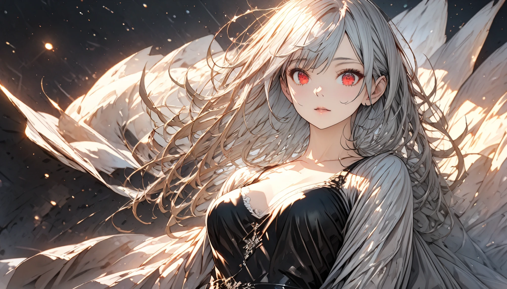 A beautiful detailed white-haired fox woman wearing a red trenchcoat, black bustier, and black skirt, and angel wings, hyper-realistic, 8k, cinematic lighting, dramatic atmosphere, rich colors, intricate details, masterpiece, has heterochromia