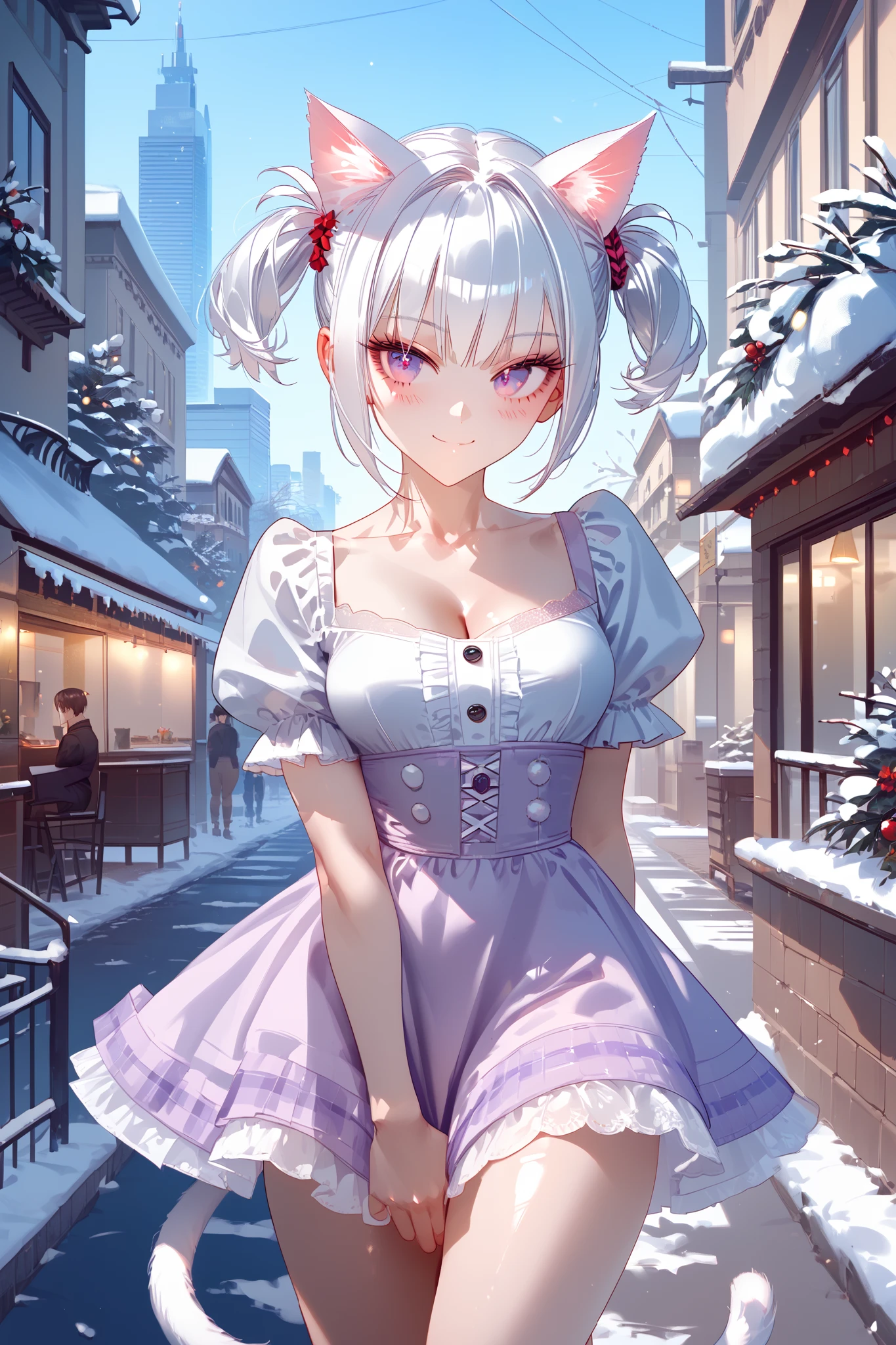 (masterpiece, best quality), (score_9,score_8_up,score_7_up), (highly-detailed), RAR, 
solo, (young woman), (short stylish white hair), (bright violet eyes:1.4), (short twintails:1.4), (nice body, curvaceous, fit), cute face, (white cat ears, white cat tail), cute weekend dress, blush, happy, beginning of winter, city, outdoors day, 