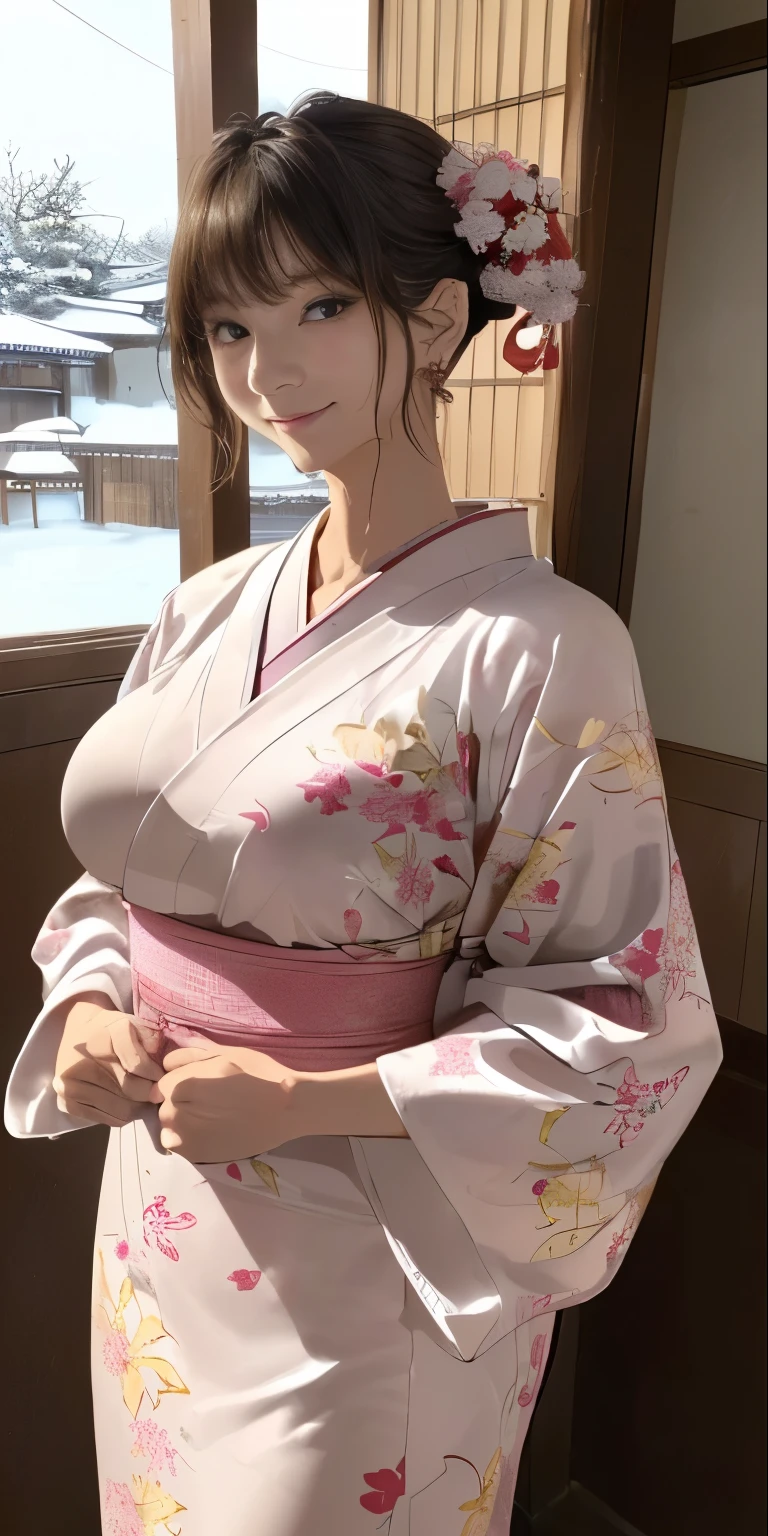  (((狐のしっぽ:1.5)))、((( Big Breasts)))、((Tight abdomen))、(((20-year-old woman、Thin, Sheer, Decorated kimono)))、 high definition、 high quality、 high definition、  Details、masterpiece、 mature woman、Big smile、 (((狐のしっぽ:1.5)))、 light brown hair、 bun hair、 (((狐のしっぽ:1.5)))、 Tied to the back and perfect proportions、Kimono-style costume、 embellished sheer bras and thongs、 pink panties、 Kimono Style Garter Belt  、 Exposing Clothes 、I can see your thighs、(((The background is a large hot spring、Snow Scene))) hair accessories 、 earrings for a woman alone