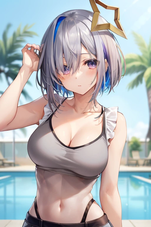 2D,​masterpiece, top-quality,1girl in,Star Halo, Solo, Halo, multicolored hair, Asymmetrical hair, single hair intake, Purple eyes, Short hair, Blue hair, Grey Hair, bob cuts, striated hair, Bangs, Hair over one eye,blush,tank top bikini,Pool,medium large breasts