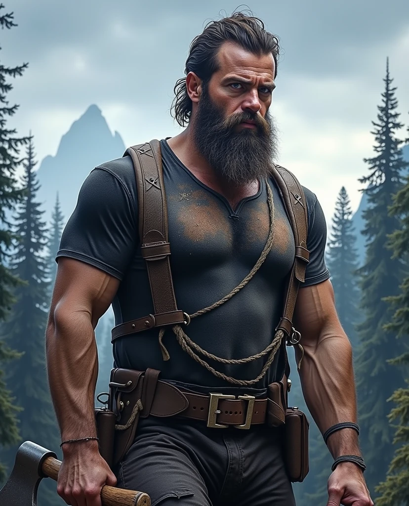 super detailed, ultra quality, high resolution, masterpiece, detailed eyes, detailed hair, (detailed physique), standing, looking forward, solo 1 man, (old wise man), (rugged face), muscular, large muscles, (bulk figure), broad shoulders, thick facial hair, thick beard, long high ponytail, long bangs, thick hair, greying hair, greying facial hair, grey eyes, facial scars), blind in left eye, kind and loving smile, battle scars, muscular arms, abs, muscular legs, brown fur coat, sleeveless, black fingerless gloves, black long pants, hiking boots, thick forest, mountains in the distance,