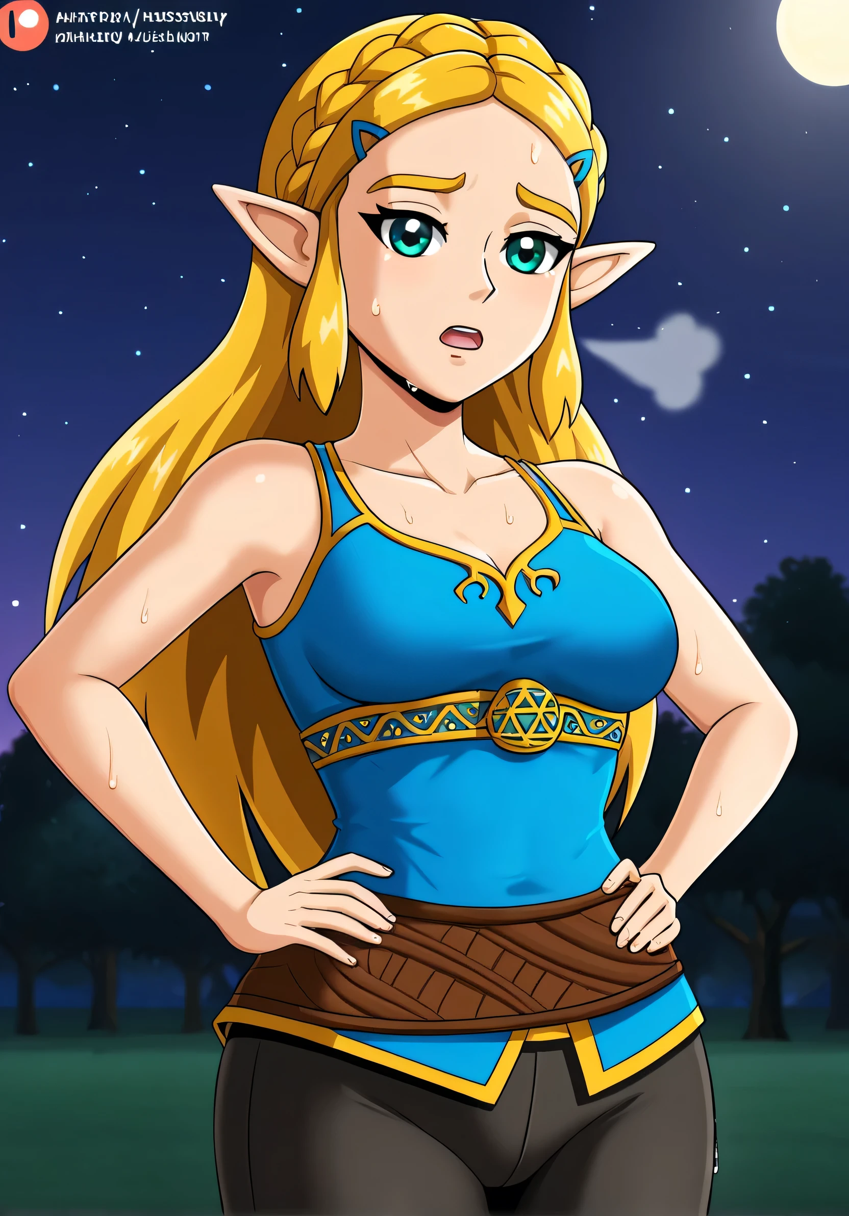masterpiece, best quality, highres, aazelda, Princess_Zelda, long hair, crown braid, hairclip, pointy ears, blue tanktop,, black pants with yellow stripes, tight pants, night, standing, cowboy shot, outdoors, hands on hip, open mouth, out of breath, sweaty, sweating, exhuasted, tired exporession, sexy, hot, tounge slighty out, sexy zelda