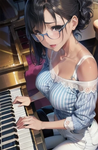 (highest quality:1.2, Very detailed, up to date, Vibrant, Ultra-high resolution, High Contrast, masterpiece:1.2, highest quality, Best aesthetics), Portraiture、girl、((25-years-old:1)), (black evening dress:1.3), Bright colors、Beautiful fine details、Beautiful lip detail, long hair、black and purple ((streaked hair:1.6)), highlights hair: 1.5, brown eyes, glasses, gold earrings, ((slim body:1.4)), (small breast:0.7), (dark skin:0.5), (sitting and playing the grand piano:1), side view, (cowboy shot:1.5),