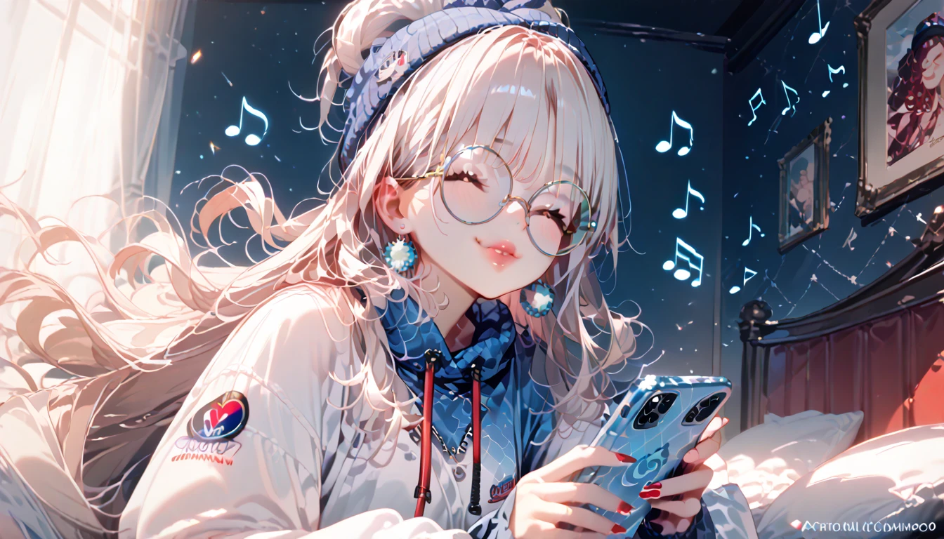  kobo kanaeru, virtual youtuber, (masterpiece), best quality, Asian Female, white skin, tall, thin, (somewhat curly hair:1.2, wearing a white fur beanie), (round glasses with white rim:1.2), earrings made up of musical notes, (Wearing white and red Idol Fashion:1.3, wearing neon blue headphones), eyes closed, very happy, thick lips, cherry red lipstick, holding her phone, sitting on her bed, inside her bedroom, heavily upvoted, 8K, UHD, highly detailed, sharp details, upscaled