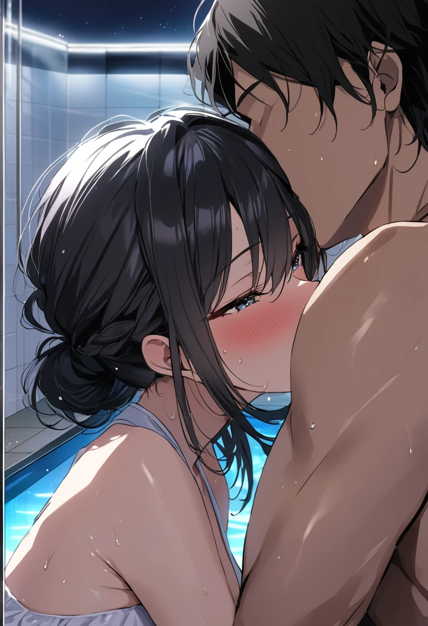 source_anime, rating_explicit, 1girl,1shota, penis, erection, handjob, reach-around, breast press,  shower, uncensored, completely nude,  BREAK, ShiroganeNoel, medium hair, braid, wet hair, wet skin,  against wall, blush, steam, blush, naughty face, brown hair male, BREAK, huge breasts, nude, nipples, blush, BREAK, anime screencap, megami magazine, very aesthetic, absurdres, amazing quality