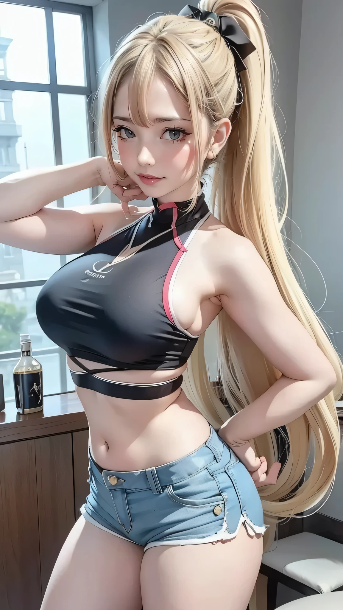 Young girl, long blonde hair, high ponytail, blue eyes, sports top, shorts, big breasts, smile, karambit, masterpiece, high quality