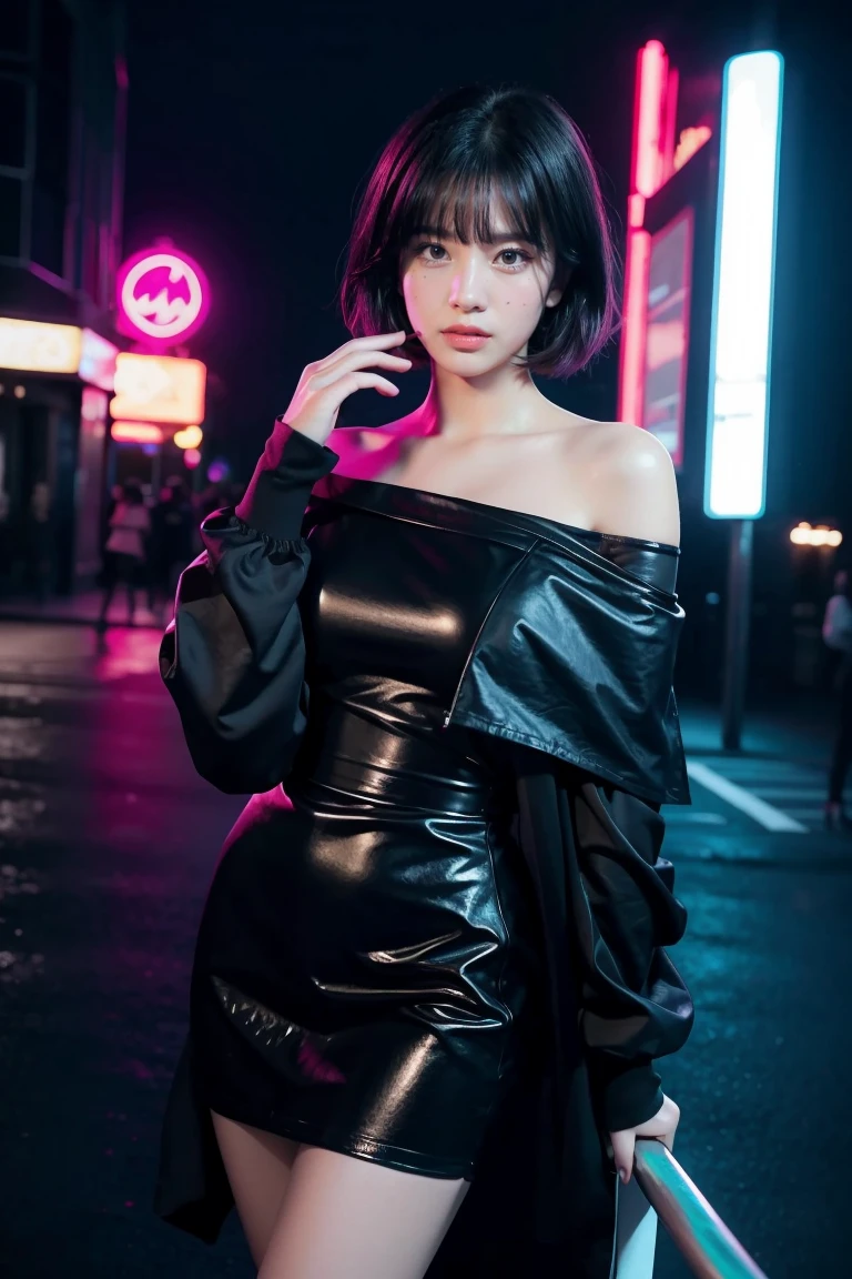 Outdoors, female, wearing black dress, off-shoulder jacket, off shoulder, red eyeliner, pink eyes, glowing eyes, short hair, white skin, club environment, night, blue neon signs, 8k, Unreal engine, highly detailed, photorealistic, 