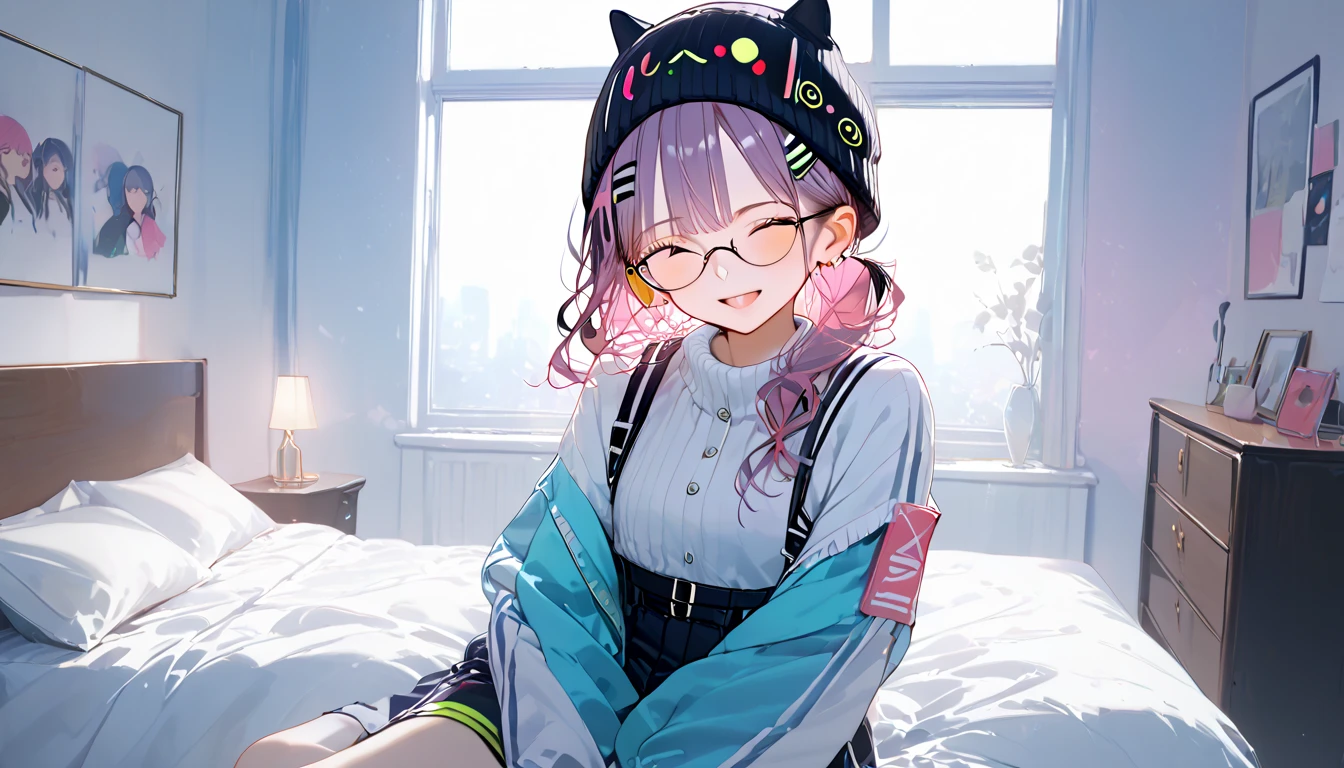 tokoyami towa, virtual youtuber, (masterpiece), best quality, Asian Female, white skin, tall, thin, (somewhat curly hair:1.2, wearing a white fur beanie), (round glasses with white rim:1.2), earrings made up of musical notes, (Wearing white and red Idol Fashion:1.3, wearing neon blue headphones), eyes closed, very happy,  holding her phone, sitting on her bed, inside her bedroom, heavily upvoted, 8K, UHD, highly detailed, sharp details, upscaled