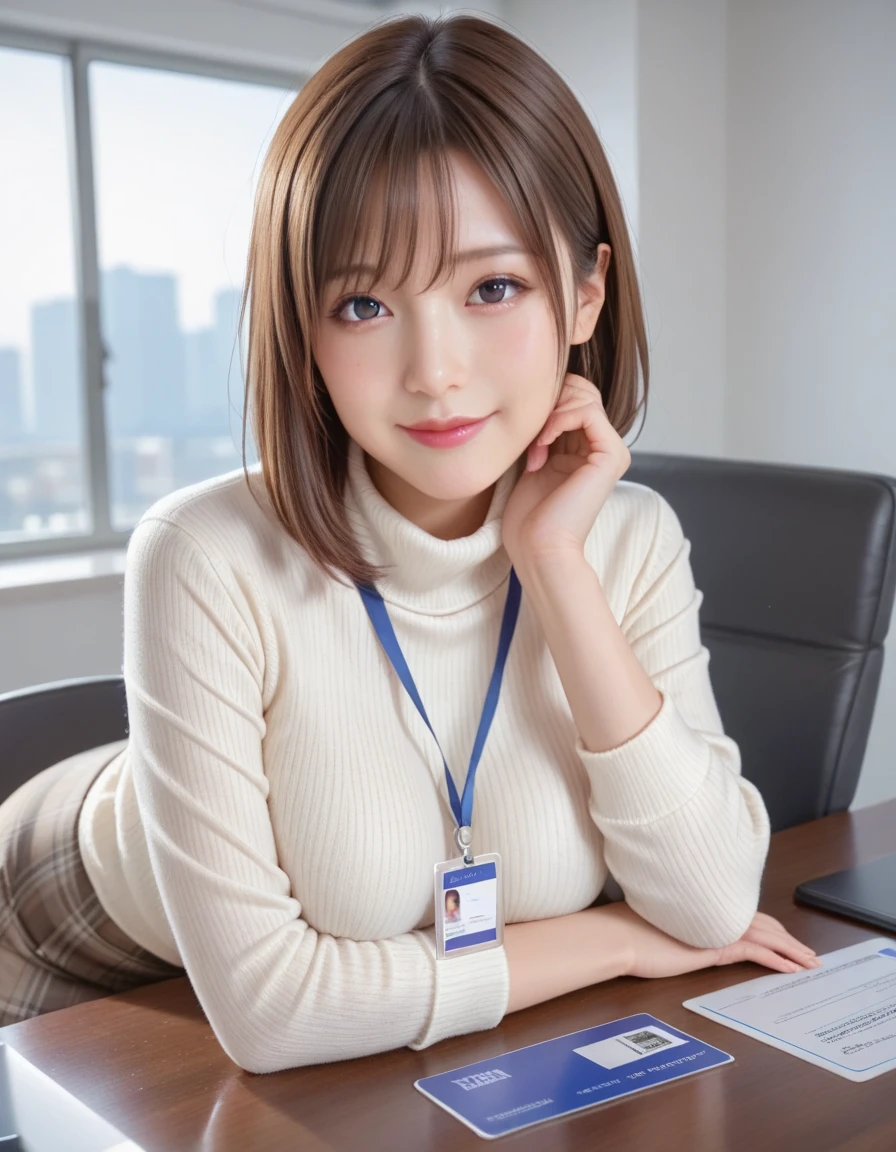 1girl,japanese milf woman,black eyes, pantyhose,long hair,ponytail,black eyes,big smile,medium bob hair,large breasts, 30yo, perfect body shape,thighs,sitting,(looking at document),dark beige sweater shirt ,high-neck sweater ,round breasts, within the company,working office, intricately detailed,plaid Tight Skirt,id card,realistic skin,(breast rest on table) ,from front,scattered documents,office room,