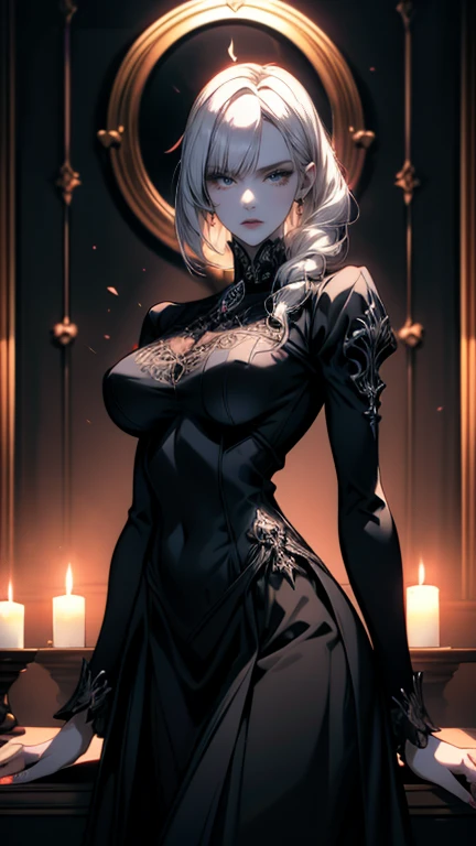 Half naked Vampire Tia is shown to have a fairly slender figure.((massive perfect breast)),,She has white hair , she has short hair and large pale blue eyes, in a dark abandoned castle under the moonlight holding a flask blood in her hand and blood flowing from her mouth. Dark and scary design.moonlight, Dark night. Deep shadow. Superior quality. Many details. Sharp focus. Realistic. Nipples, cum, exposed vagina, lying on bed, sex, 