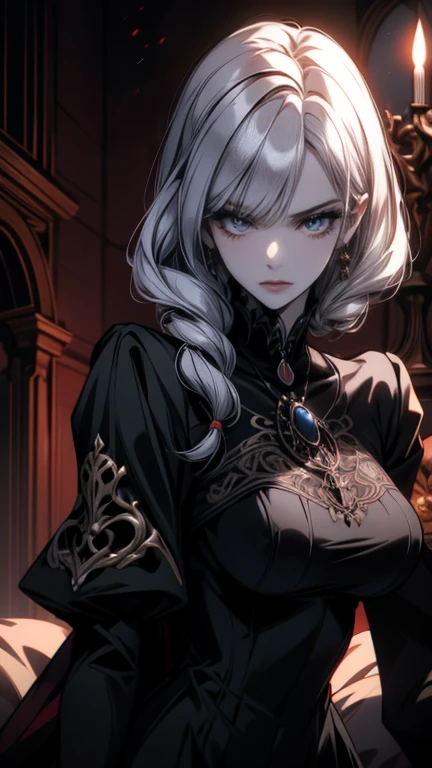  goth girl ,  spectacular ornate black dress,  White hair with bangs, Ojos rojos, pale skin, Naturaleza, (exceptional composition ), (Dark tones), skulls around , candles, penumbra. animated,, best animated 4k konachan wallpaper, demon animated girl, gothic maiden animated girl, animated style 4 k, 4k animated wallpaper, badass animated 8 k, 4k manga wallpapers , animated art wallpaper 8 k, animated art wallpaper 4 k, animated art wallpaper 4k.