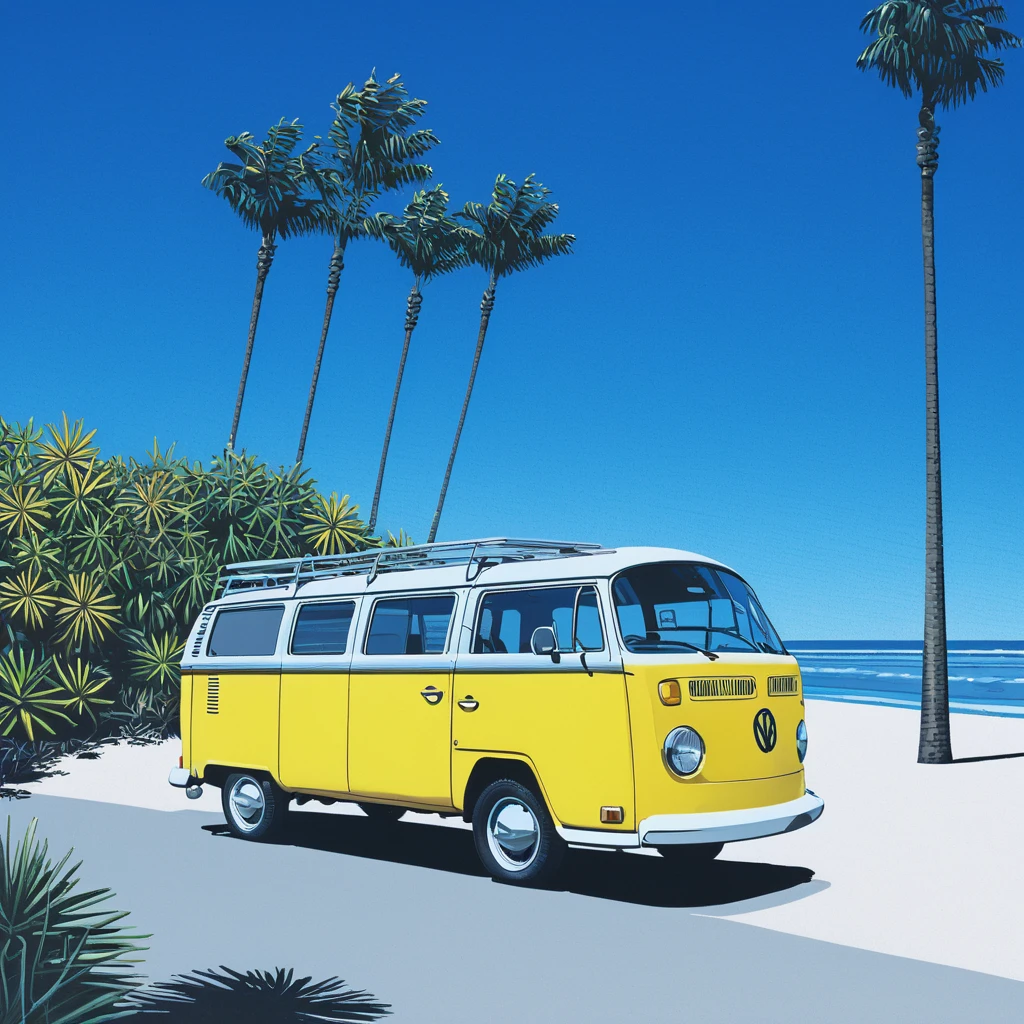  Yellow Volkswagen and surfboard,city, beach, ground vehicle, ocean, beer can, Gradient blue sky, bush, day, vehicle focus, palm tree, reflection, sky, can, treeworking , masterpiece,  High Detail ,  poster and magazine illustration effect, 