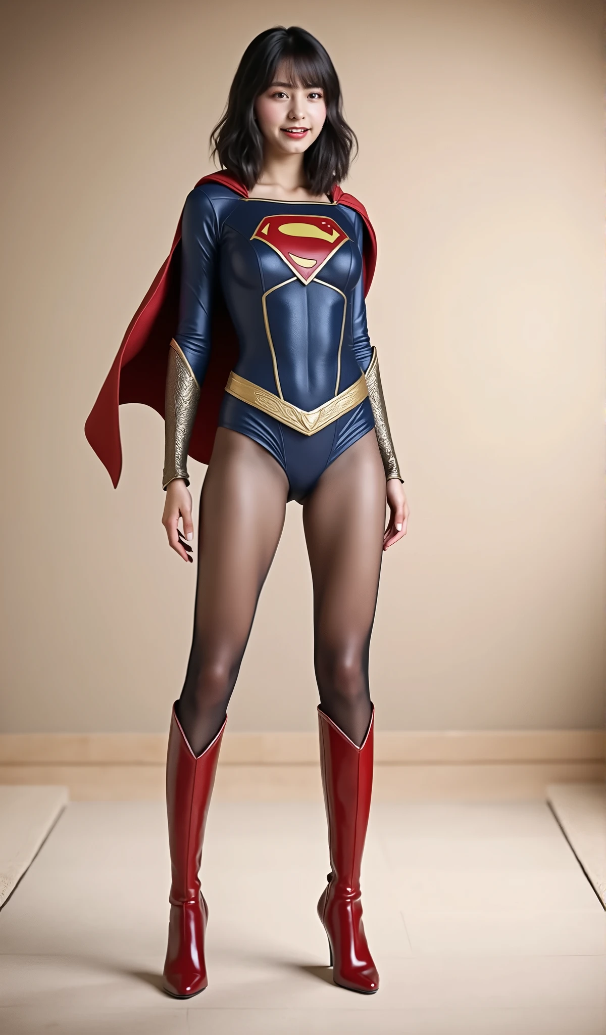 background 、((( Depicting beautiful legs in black tights .)))、((( Legally express the beauty of your smile )))、(((( make the most of your own original image )))、((( Rolling backwards in a supergirl costume )))、(((ボディにフィットした Rolling backwards in a supergirl costume )))、(((Short beautiful hair)))、(((A smile and a wink )))、(((Please wear black tights....、Wear red boots)))、(( top quality、8k))、(( top quality、8k、 Masterpiece :1.3))、(((Save the background )))、 Strong concentration:1.2、 beautiful woman with perfect figure in a traditional Japanese room sitting on tatami mat :1.4、 slim abs :1.2、 High resolution face and skin texture 、8k