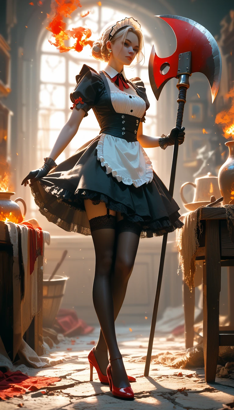 30 years old , black gloves ,  attractive woman wearing a black sexy maid costume ,  black garter thigh socks , Attractive woman wearing red high heels , In the Iron Furnace with the flaming hammer he took in his hands,  banging an iron scythe on an old workbench in the Iron Furnace, the whole place is filled with pieces of fire, and this attractive woman looks at the camera from the iron bench as she knocks the iron
