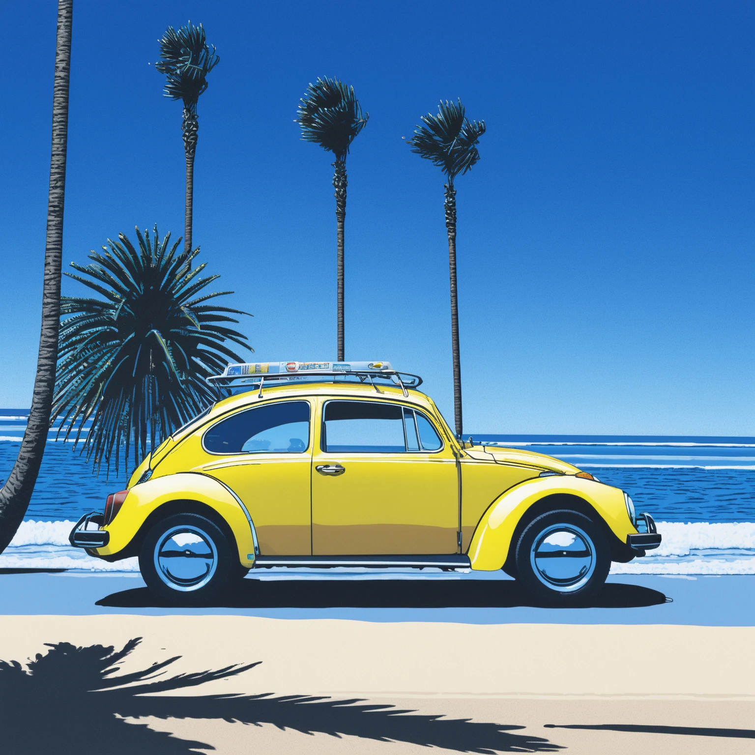 Yellow Volkswagen Beetle and surfboard,city, beach, ground vehicle, ocean, beer can, Gradient blue sky, bush, day, vehicle focus, palm tree, reflection, sky, can, treeworking , masterpiece,  High Detail ,  poster and magazine illustration effect, 