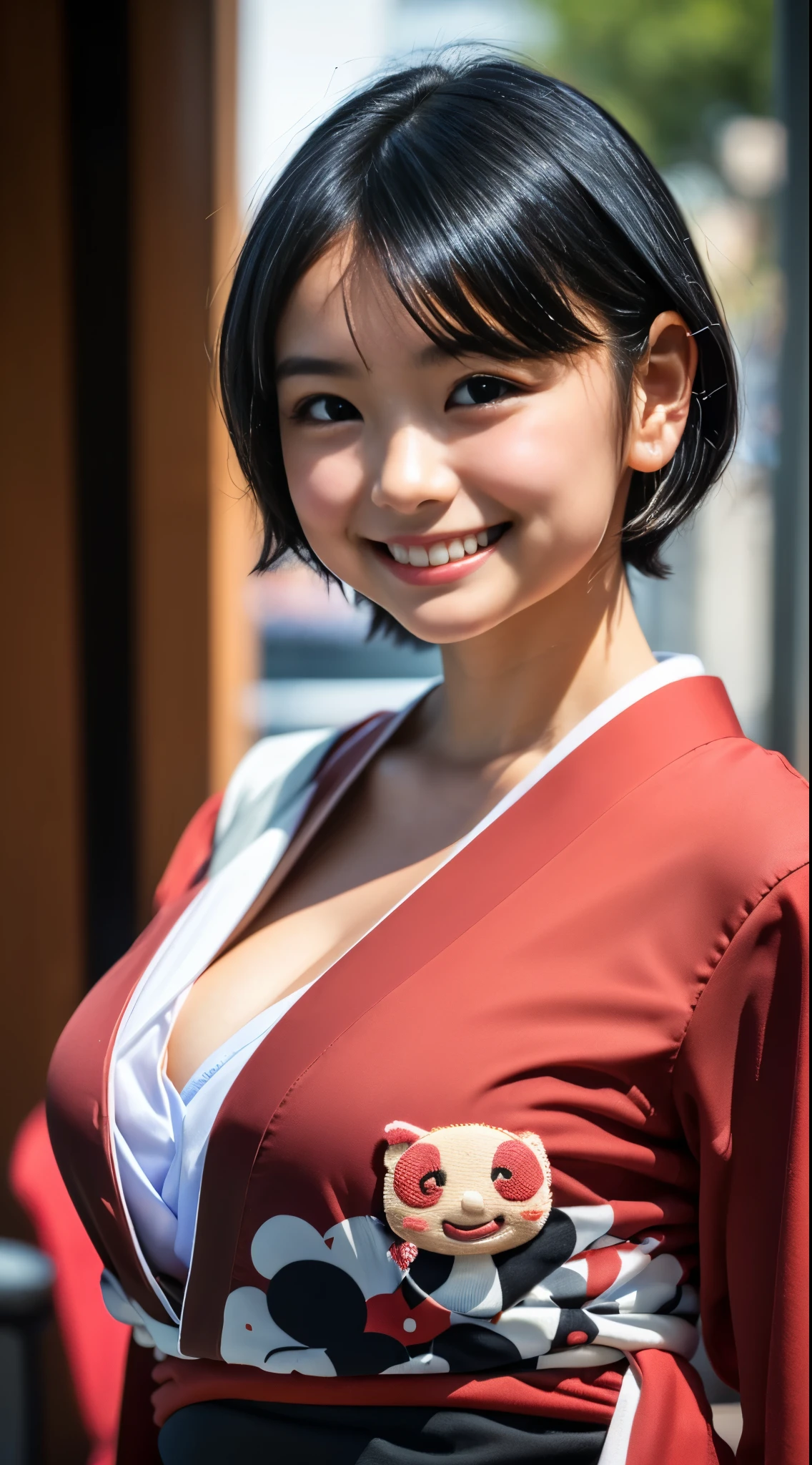 （8k、Raw photography、Best Quality、masterpiece：1.2),(Black Hair、Dark Eyes:1.9),(kimono:1.3)、 viewers,Front View,(:1.4)、(Tight waist:1.6)、(Clothes that accentuate the shape of the breasts:1.2)、(Big Breasts :1.2)、 Slim Body 、 ultra high resolution,beautiful,beautiful fece,(one person、No background:1.9),whole bodyボディー, Japanese Women,（reality：1.37）、 photon mapping ,reality、(-faced and cute: 1.2)、(cute smile: 1.8)、(Round face: 1.7)、 radiosity 、 Physically Based Rendering、Depth-of-field rally background、photograph, (no background:1.8),（ short hair:1.2）,whole body、 Great Quality 