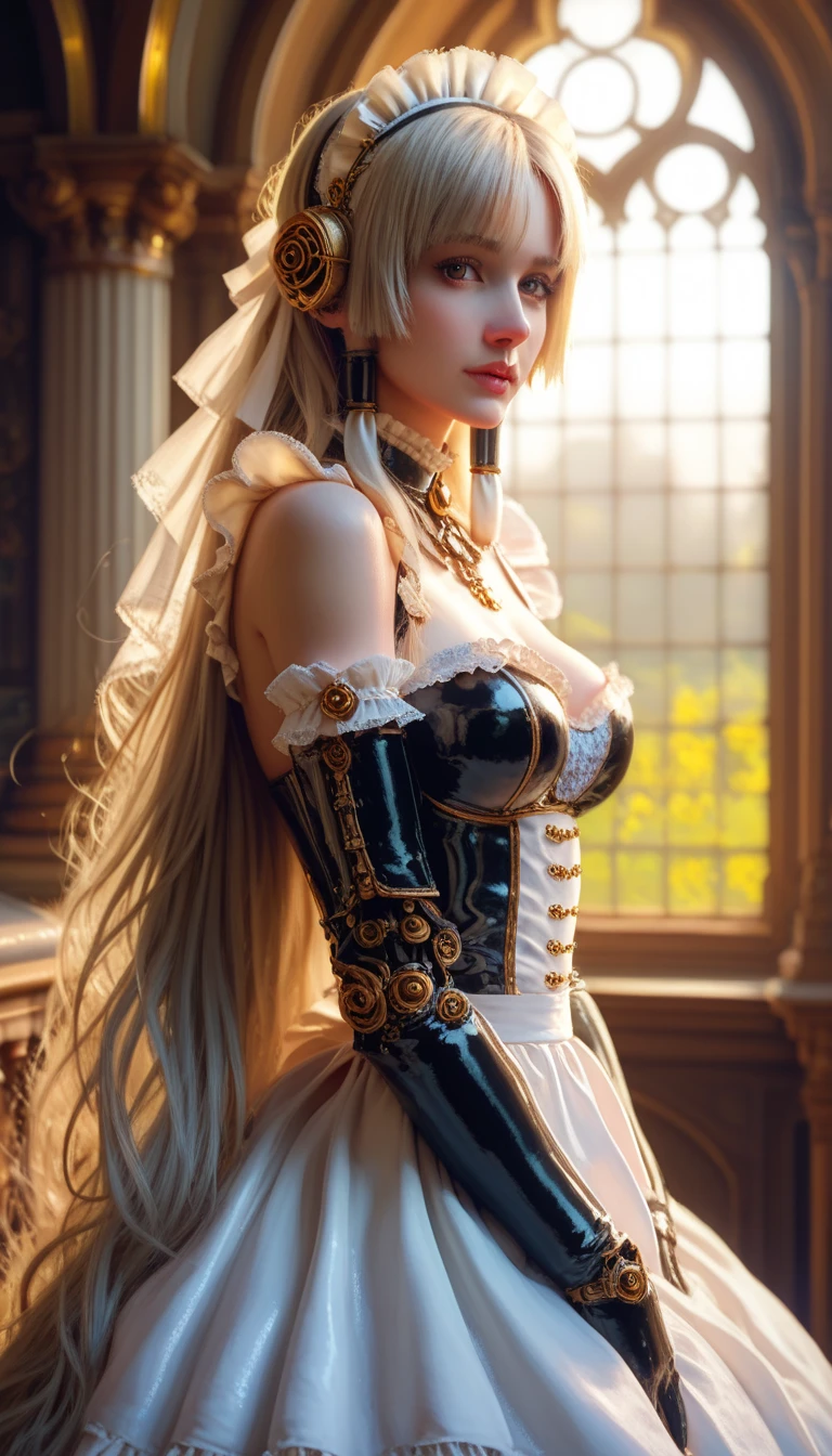 masterpiece, best quality, highly detailed, highres, hdr,, chobits, chii, feelingless,, 1girl, solo, bangs, bare shoulders, breasts, brown eyes, clamp (circle) (style), platinum blonde hair, very long hair, robot ears, small breasts, hair tubes,, maid, maid headdress, maid apron, victorian maid, maid dress,, mksks style, beautiful background, detailed background, professional lightning, mansion, indoor, gold ornament, gold, gold effects,