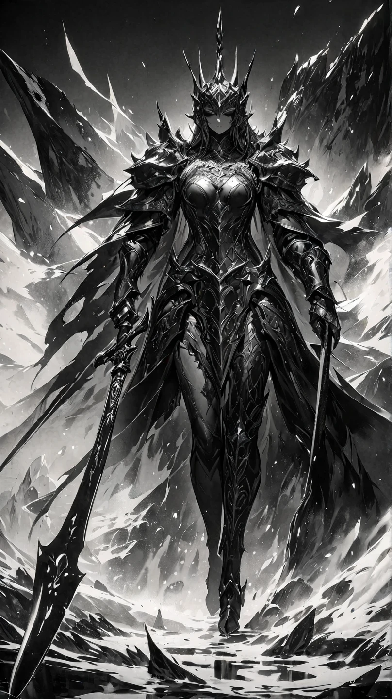 Masterpiece, 8k wallpaper, great black and white anime artwork master, black and white art, pen line art, sexy tribe mature woman wearing white sexy armor on magnificent wilderness world land with horns on head, full body dimensions, white bikini, mature body, slender figure and legs, perfect figure, exquisite facial details, beautiful character painting, exquisite fanart, high detail, full body standing, full body fairy, G. Larion's art style, inspired by Lan Ying, inspired by Yang J, she goes to the audience, inspired by Du Qiong, inspired by Qu Leilei, inspired by Wu Zhun Shifan, the ultimate of dark art, perfect model height, intense expression, soft professional cinema lighting, light and shadow following, perfect contour light