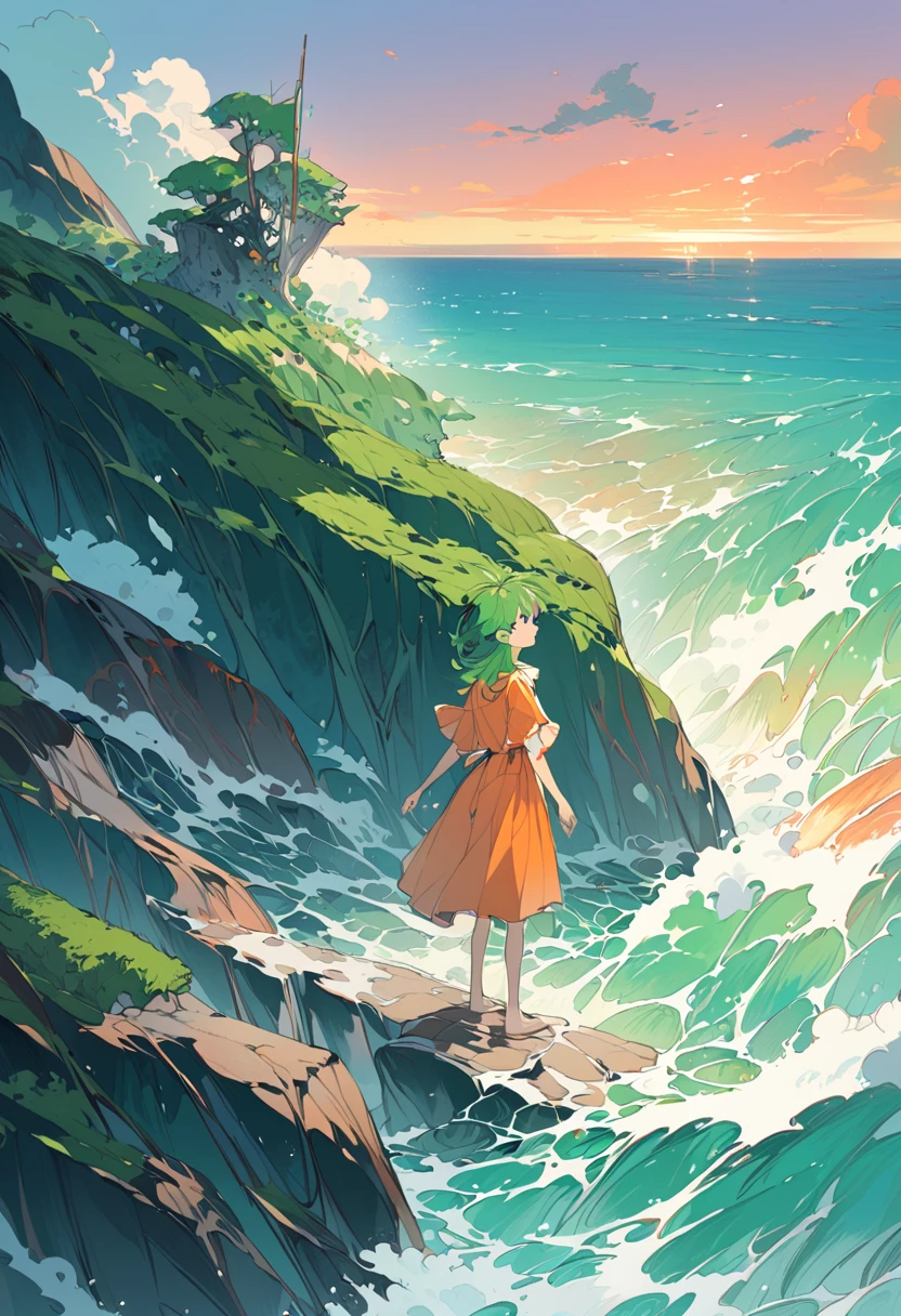  An extravagant character with short moss-green hair and vivid green eyes ,  designed in a style reminiscent of Studio Ghibli .  The character stands on a rocky cliff overlooking a vast ocean ,  with waves crashing below and a dramatic sunset painting the sky in shades of orange,  pink and purple . The wind gently ruffles your hair and clothes ,  creating a sense of movement and connection with the natural world .  The character's outfit reflects an adventurous spirit ,  blending harmoniously with the vibrant coastal scenery .