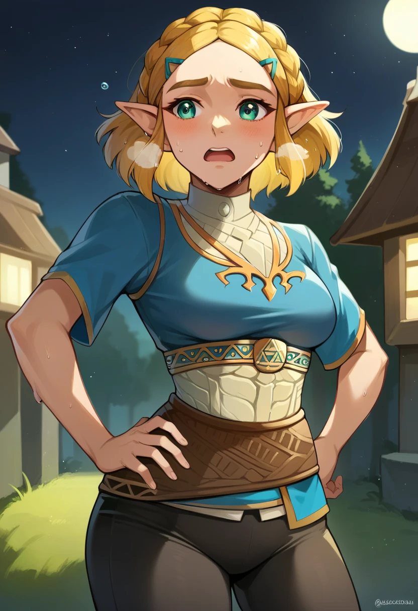 masterpiece, best quality, highres, aazelda, Princess_Zelda,short hair, crown braid, hairclip, pointy ears, dark blue tanktop, black pants, tight pants, night, standing, cowboy shot, outdoors, hands on hip, open mouth, out of breath, sweaty, sweating, exhuasted, tired exporession, sexy, hot, tounge slighty out, sexy zelda