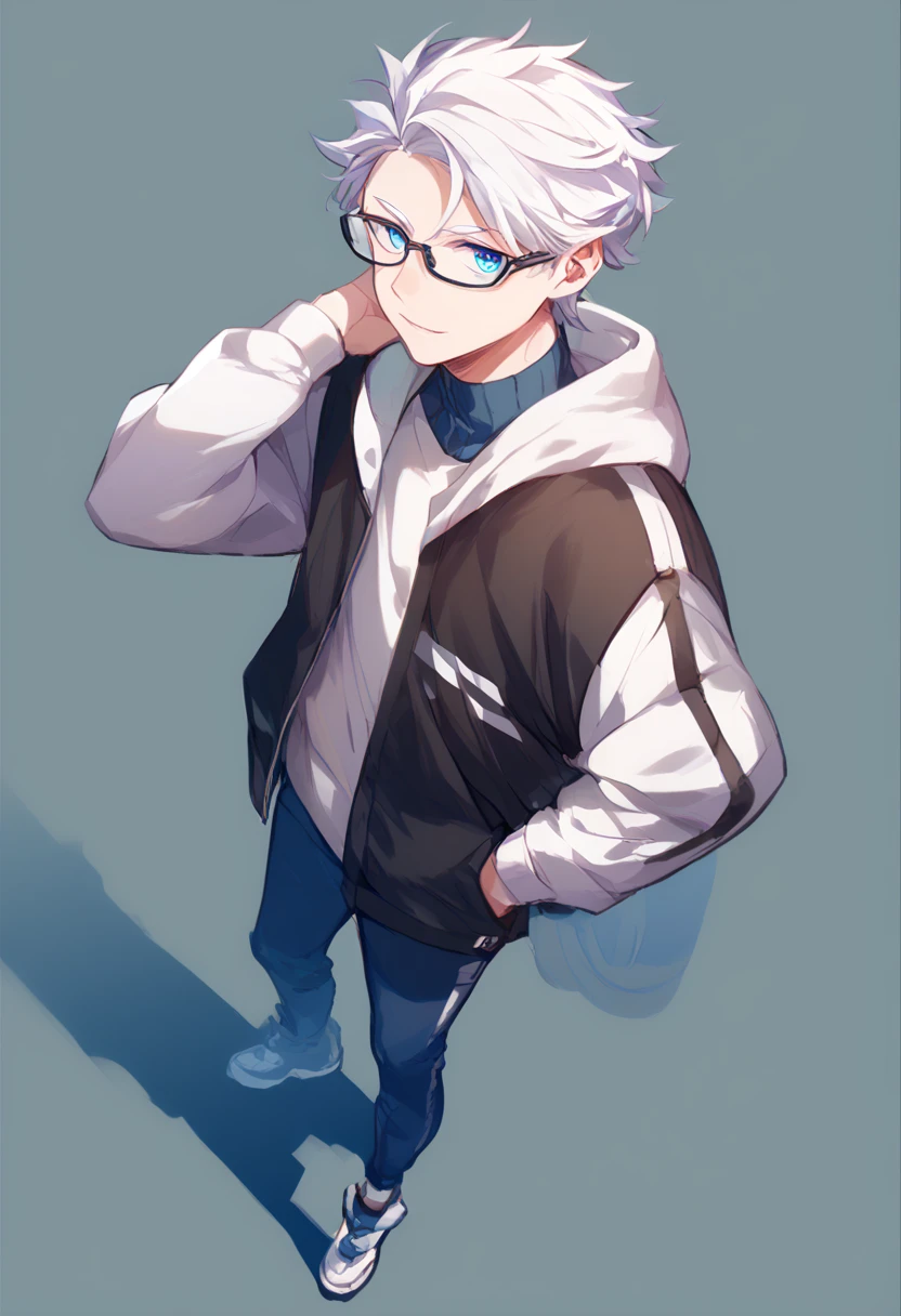 17-year-old skinny nerd man with waist-length white hair with blue eyes and fair skin with while wearing full body jackets and lenses