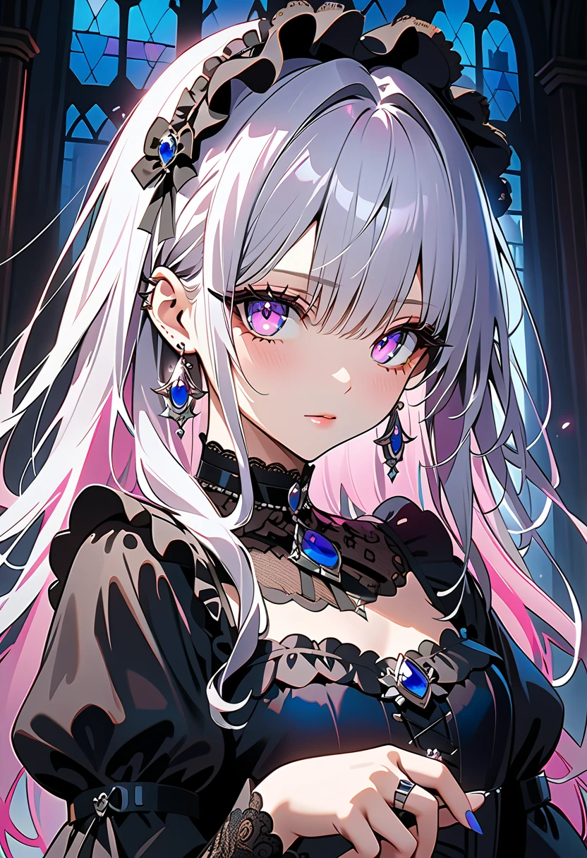 1 girl, ((Portrait of a beautiful girl in Lolita fashion: 1.4)), attractive face, elegant, gorgeous, (black gothic lolita dresses, choker, earrings, rings, jewelry), luxurious, detailed beautiful face, (shiny silver hair, long hair), glowing eyes, light reflecting in the eyes. (finely detailed beautiful eyes: 1.2), double eyelids, (eyelash: 1.2), (eye shadow: 1.2), cowboy shot, at a medieval european castle, ((very detailed, ultra-high resolution, absurdres, highres, masterpiece, best quality, very aesthetic, fine texture, newest, perfect lighting, best shadow, sharp focus, high color saturation)), (anatomically correct, perfect hands), (professional photography), ((anime art style)),