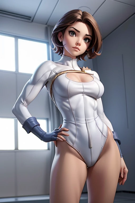 (masterpiece, best quality:1.2),((photoreal:1.1)),((perfect anatomy)),((solo:1.5)), ((alone:1.5)),((1 middle age woman:1.5)),perfect eyes,beautiful face, ((looking at viewer:1.4)),((horizontal angle)),((straight-on:1.4)),((view from front:1.4)),shooting from front,lighting to face,((small breasts:1.3)),(sagging small breasts:1.1),((Piutuary small breasts:1.1)),(muscular:1.1),((do not hide your crotch:1.4)),(cod lips),((squatting:1.3)),((spreading your legs wide:1.3)),(holding your head high),((hands on your hip bone:1.4)),delicate and beautiful,(dark brown hair),((bare legs:1.4)),((bare shoulders)),BREAK ((white clothes:1.3)),circlet,armlet,earrings, necklace, cleavage, white leather gloves, leather thighhighs, white leather legwear, armor, white leather elbow gloves, no bra, breasts apart, belt, center opening, open clothes, short dress, white leather thighhigh boots ,white dress, thighs,(buzz cut:1.3),