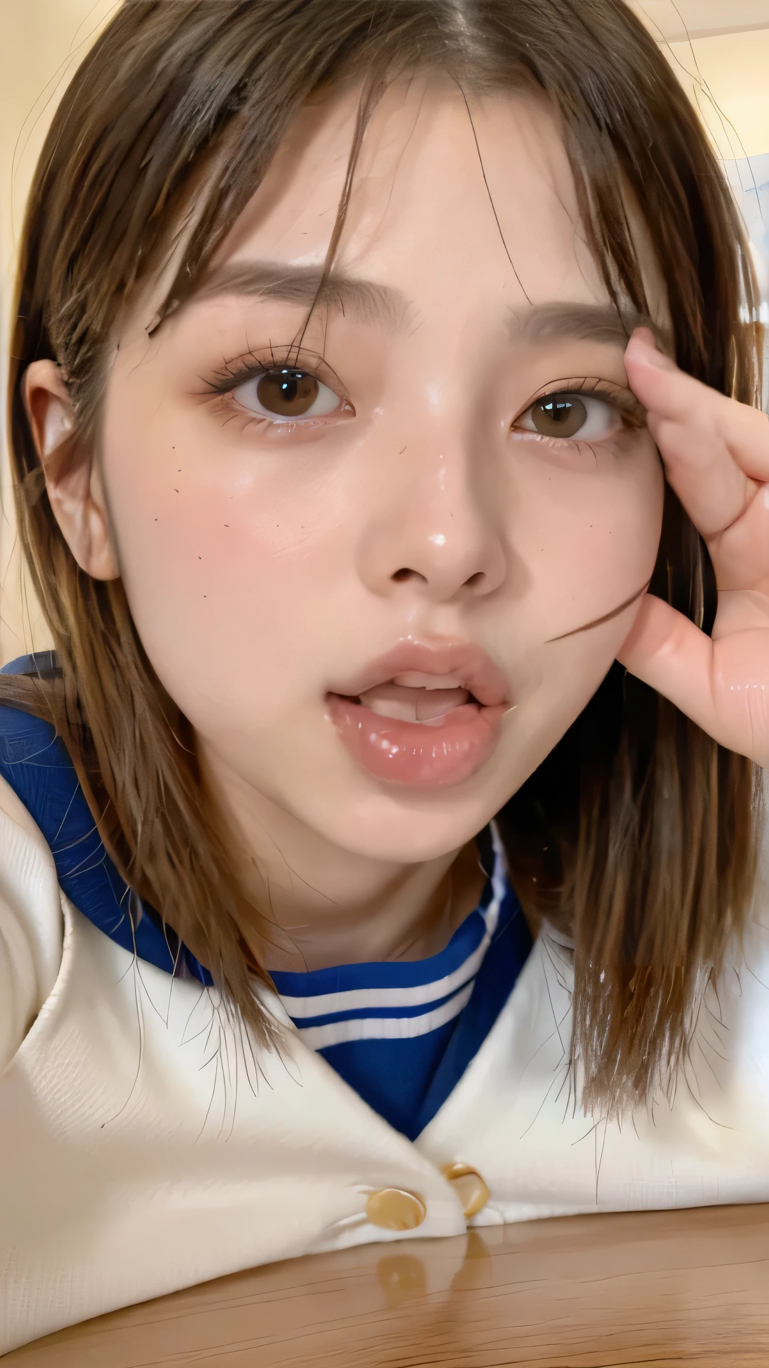 (  girl )、(  very lively eyes  )、((( Light Brown Eyes )))、 wonderful,  the table top in front of you ,  high detail ,  lip gloss、  black hair、  beautiful face  、  girl alone, (((  face close-up  )))、 Beautiful girl like a model 、  sailor suit  、 beautiful beautiful eyes under the sun, (((Sticking out tongue)))、  use sexy and beautiful women ，Sparkling atmosphere，  Exciting Atmosphere  ,  dynamic pose,(((  looking at camera )))、((((Serious Eyes)))、((( add emphasis to your eyes )))、(((  looking at camera )))、orgasm face,Charming, Sexual pleasure,  endure pleasure,  MAGICAL MIXED REALITY、(  RAW photos :1.2)、(  realistic  :1.4)、  Beautiful Details and Subtle Expression  ,  the table top in front of you 、  Very detailed performance、私n detail、  very detailed顔、  movie lights、  top quality、  realistic  、  the table top in front of you 、  top quality、  beautiful eye details and eyelashes  ,  very detailed,  is high definition ,  young and beautiful white skinned Japanese women、 find men with gestures  、 Please stick out your tongue 

