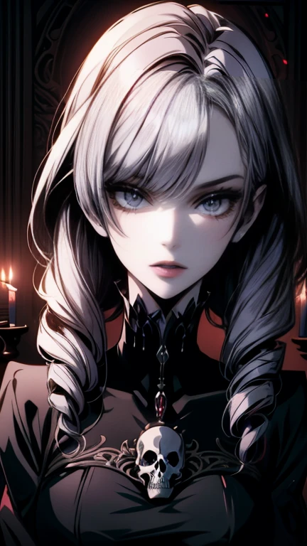  goth girl ,  spectacular ornate black dress,  White hair with bangs, Ojos rojos, pale skin, Naturaleza, (exceptional composition ), (Dark tones), skulls around , candles, penumbra. animated,, best animated 4k konachan wallpaper, demon animated girl, gothic maiden animated girl, animated style 4 k, 4k animated wallpaper, badass animated 8 k, 4k manga wallpapers , animated art wallpaper 8 k, animated art wallpaper 4 k, animated art wallpaper 4k.