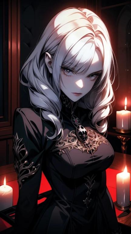  goth girl ,  spectacular ornate black dress,  White hair with bangs, Ojos rojos, pale skin, Naturaleza, (exceptional composition ), (Dark tones), skulls around , candles, penumbra. animated,, best animated 4k konachan wallpaper, demon animated girl, gothic maiden animated girl, animated style 4 k, 4k animated wallpaper, badass animated 8 k, 4k manga wallpapers , animated art wallpaper 8 k, animated art wallpaper 4 k, animated art wallpaper 4k.