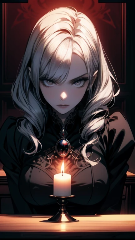  goth girl ,  spectacular ornate black dress,  White hair with bangs, Ojos rojos, pale skin, Naturaleza, (exceptional composition ), (Dark tones), skulls around , candles, penumbra. animated,, best animated 4k konachan wallpaper, demon animated girl, gothic maiden animated girl, animated style 4 k, 4k animated wallpaper, badass animated 8 k, 4k manga wallpapers , animated art wallpaper 8 k, animated art wallpaper 4 k, animated art wallpaper 4k.