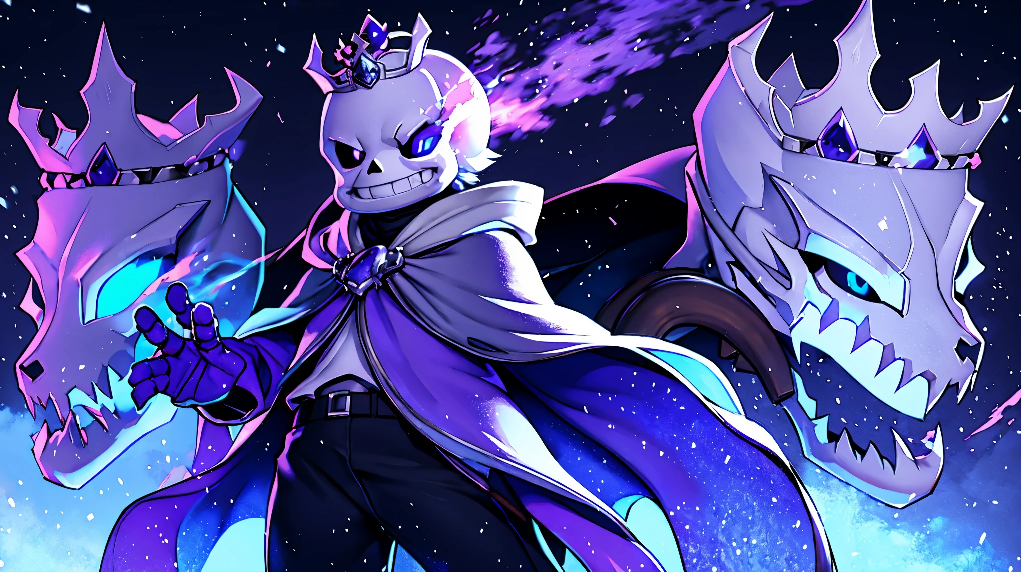 Toby Fox Undertale Sans purple cape and armor with crown ,Fire eyes skull smile white short hair glowing snow town full-body shot purple magic.