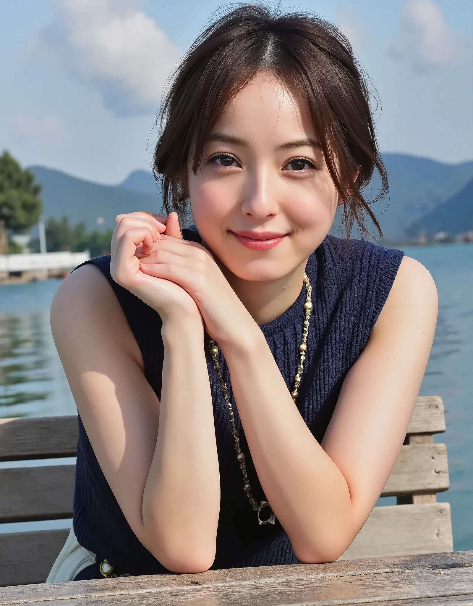NSFW, (Highest quality), (Ultra-precise CG 16K wallpaper), (Realistic: 1.6), (High saturation), (Sharp), Beautiful detailed shading, Beautiful natural lighting, Beautiful detailed glow, Perfect anatomy, Composition in which the person fills the screen, Bright sunlight in the daytime, Natural light, Depth of field, (Mature 24 year old woman, One person: 1.6), (Very beautiful Japanese face), (Sasaki Nozomi), (Soft wavy medium hair, bangs: 1.6), (Shiny black hair), (Sparkling eyes), (C cup size breasts, cleavage, slim thighs: 1.6), (Beautiful breasts), (Beautiful legs), (Beautiful skin), Beautiful proportions, (Smile: 1.0), (Looking at me: 1.6), (Wearing a navy blue sleeveless ribbed knit mini dress: 1.6), (Wearing a necklace), (Fashion model pose: 1.6), (Lake surrounded by mountains), (Full screen image:1.8), (upper body shot:1.6), (frontal view:1.6), (woman sitting on a bench by the lake:1.6)