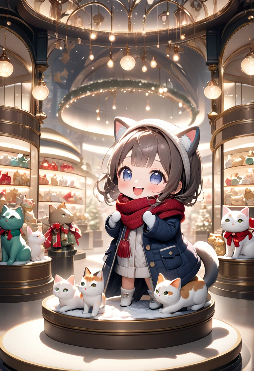 (masterpiece, ultra-detailed, best quality, clear focus, dramatic scene, cinematic), shadow, (ultra-high resolution, 8k), perfect anatomy, perfect face, (detailed face, detailed eye, chibi), cute Japanese chibi girl, famous Japanese chibi idol, very beautiful and cute and cool face, (wearing stylish winter outfit with long coat, woolen scarf and glove:1.2), (large breasts), (She is looking at the many kind of cat statue in the historical department store:1.3), (Neatly arranged cat statue products In the Christmas merchandise section of a department store), the store is gorgeously decorated with Christmas decorations, Christmas illuminations, professional lighting, (detailed giant cat is mewing:1.3), she looks so surprised, happy smile