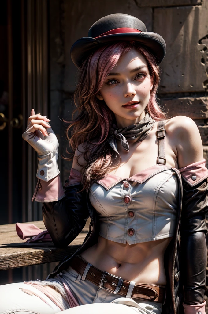 (masterpiece, best quality), 1girl, <lora:moxxibl2-guy-v2:0.8> moxxibl2, eyeshadow, makeup, heart tattoo, hair over one eye, lipstick, cleavage, top hat, choker, fingerless gloves, fingerless gloves, fishnets, thighhighs, belt, striped, asymmetrical legwear, underwear, purple dress,
