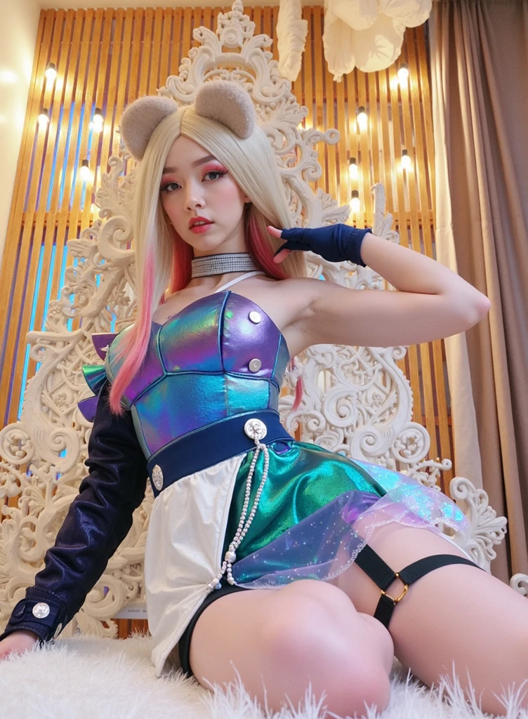 An arafe woman wearing pink clothes sitting at a table in front of a neon sign, cyber punk, anime girl cosplay, trending on cgstation, trending on cgstation, sakimichan hdri, Cartoon Barbie wearing white stockings, (neotokyo), run, sakimichan, In Cyber City, Ayaka Cosplay, ネオン照明のあるcyber punk